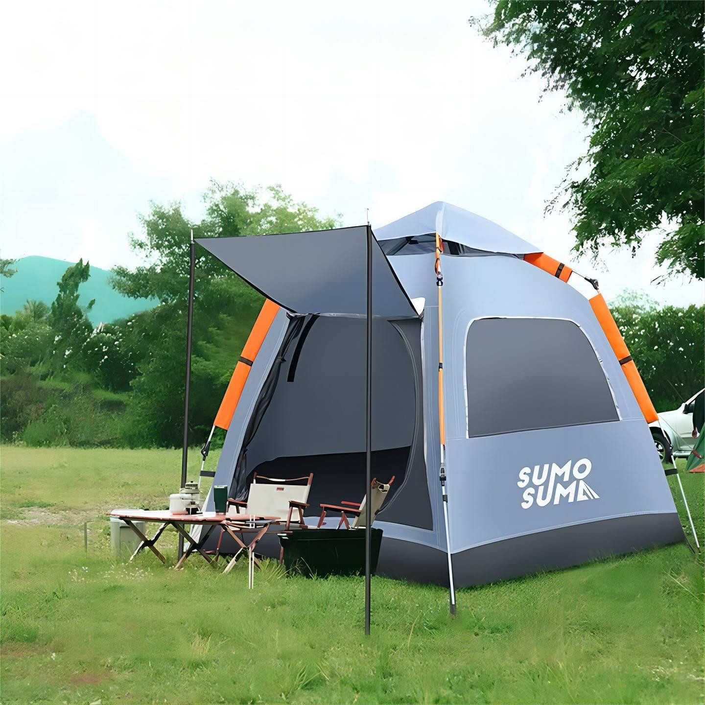 Sumosuma Kuppelzelt Campingzelt Automatisches, UV-Schutz Pop Up Zelt, with Vestibule, Personen: 4, Wasserdicht & Winddicht, Doppeltürig mit vier Fenstern mit Tragetasche