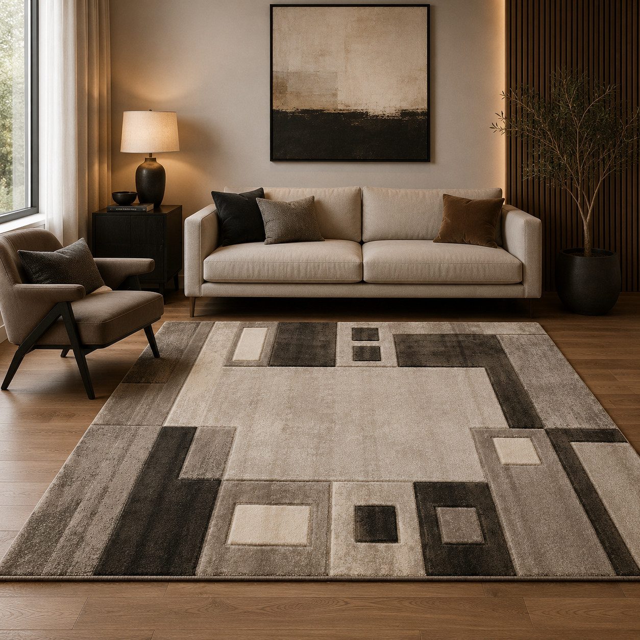 Vimoda Designteppich Wohnzimmer Kariert mit Farbverlauf und Konturenschnitt Grau & Braun, Rechteckig, Höhe: 12 mm, Hochwertiger, karierter Wohnzimmerteppich mit definiertem Schnitt