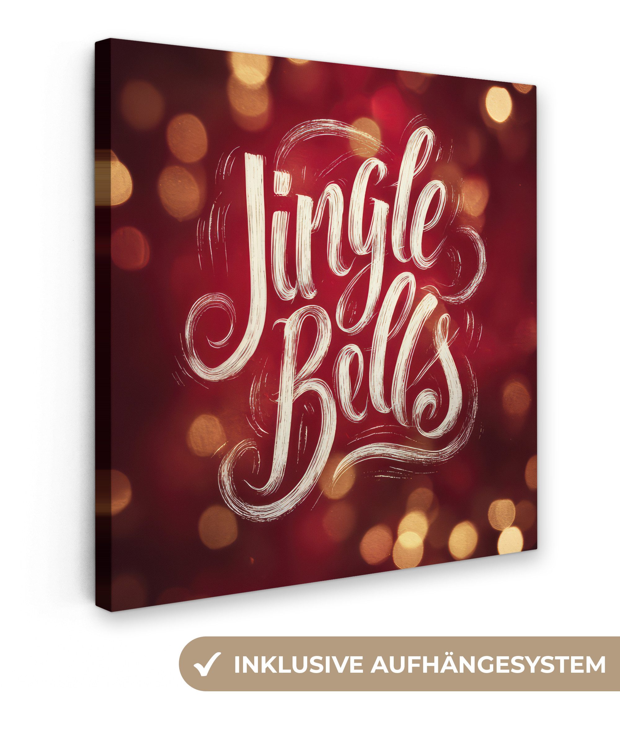OneMillionCanvasses® Leinwandbild Jingle - Bells - Weihnachten - Rot, Fotodruck (1 St), Wandbild, Deko Schlafzimmer Wohnzimmer Flur 20x20 cm