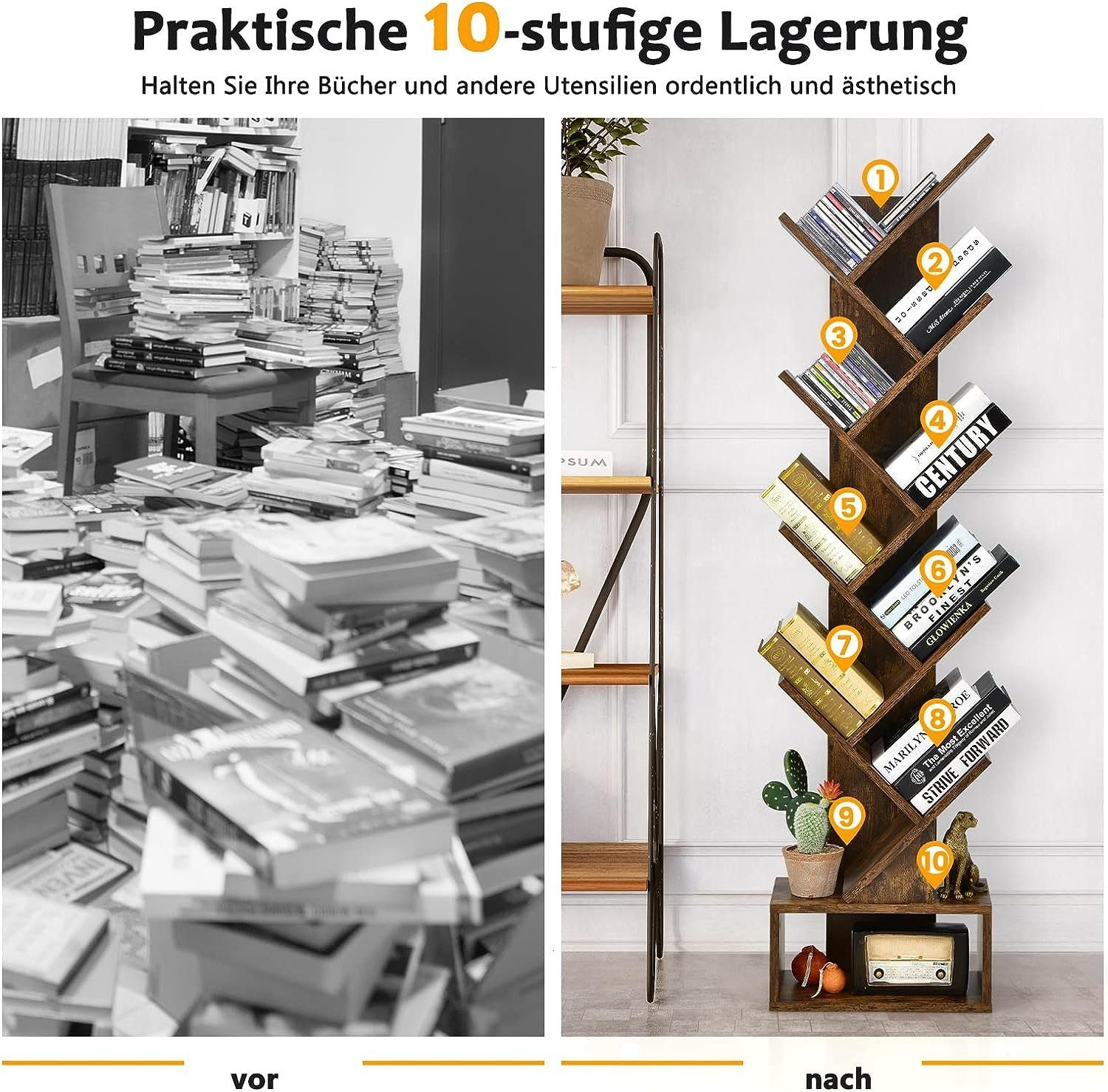 KOMFOTTEU Bücherregal Bücherschrank, mit 10 Ablagen, 38 x 20 x 149,5 cm – Bild 3 von 5