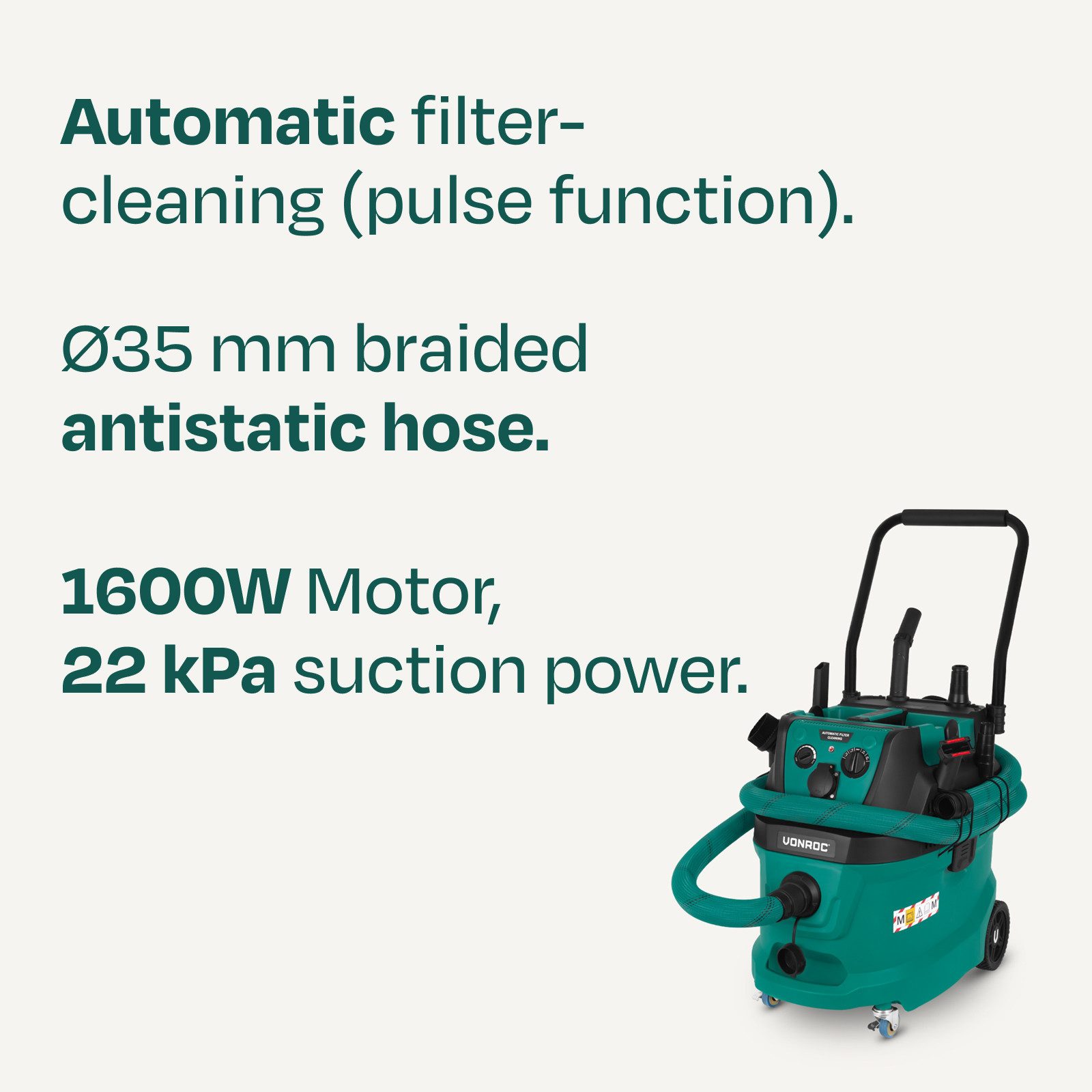 VONROC Nass-Trocken-Sauger – M-Klasse – 22 kPa – Automatische Filterreinigung (Pulsfunktion), 1600 W, beutellos, – HEPA H14 – 40L Tank – Antistatischer Schlauch Ø35 mm