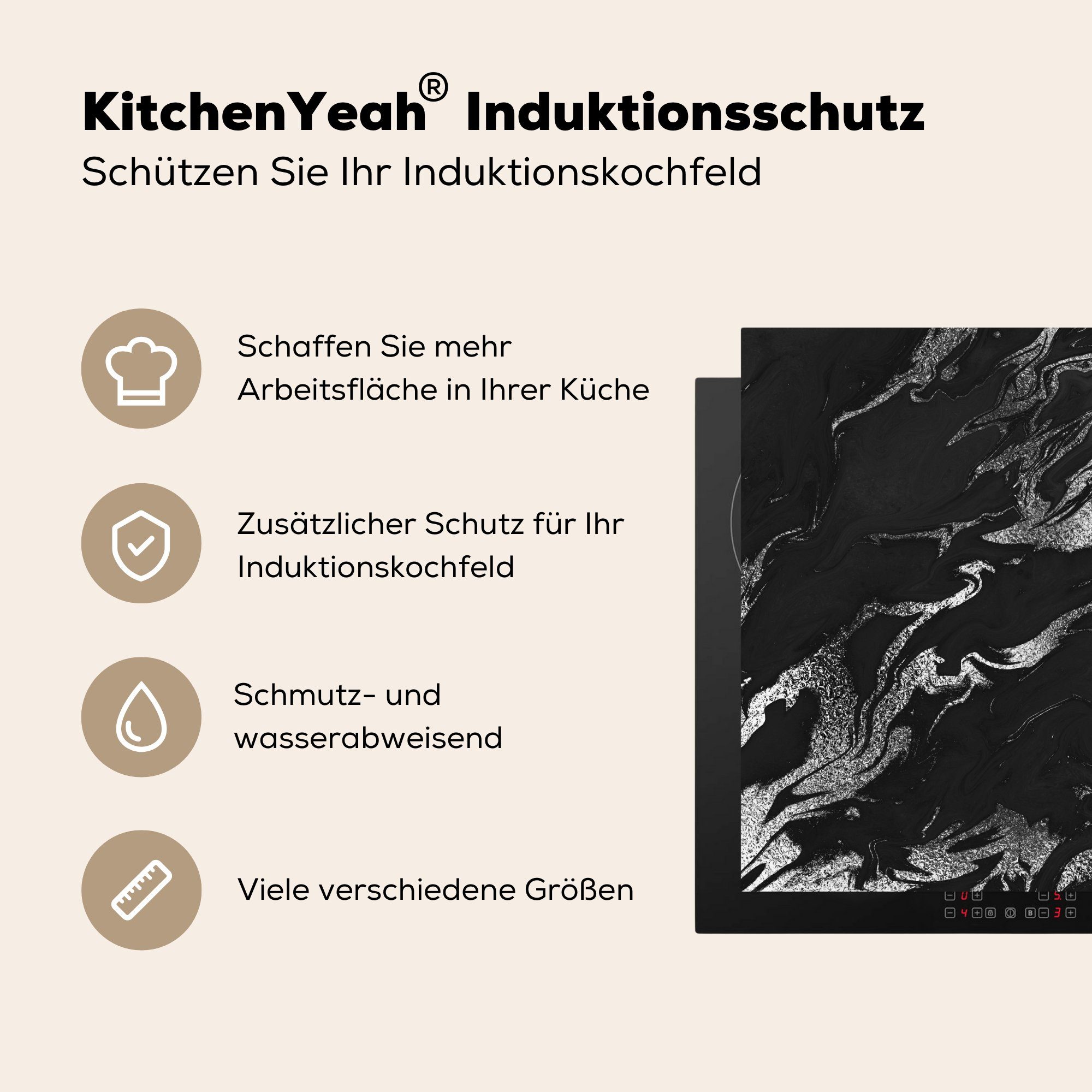 MuchoWow Herdblende-/Abdeckplatte Marmor - (1 Schwarz Vinyl, cm, Induktionskochfeld, tlg), Ceranfeldabdeckung - 57x51 - Silber Luxus, Induktionsschutz