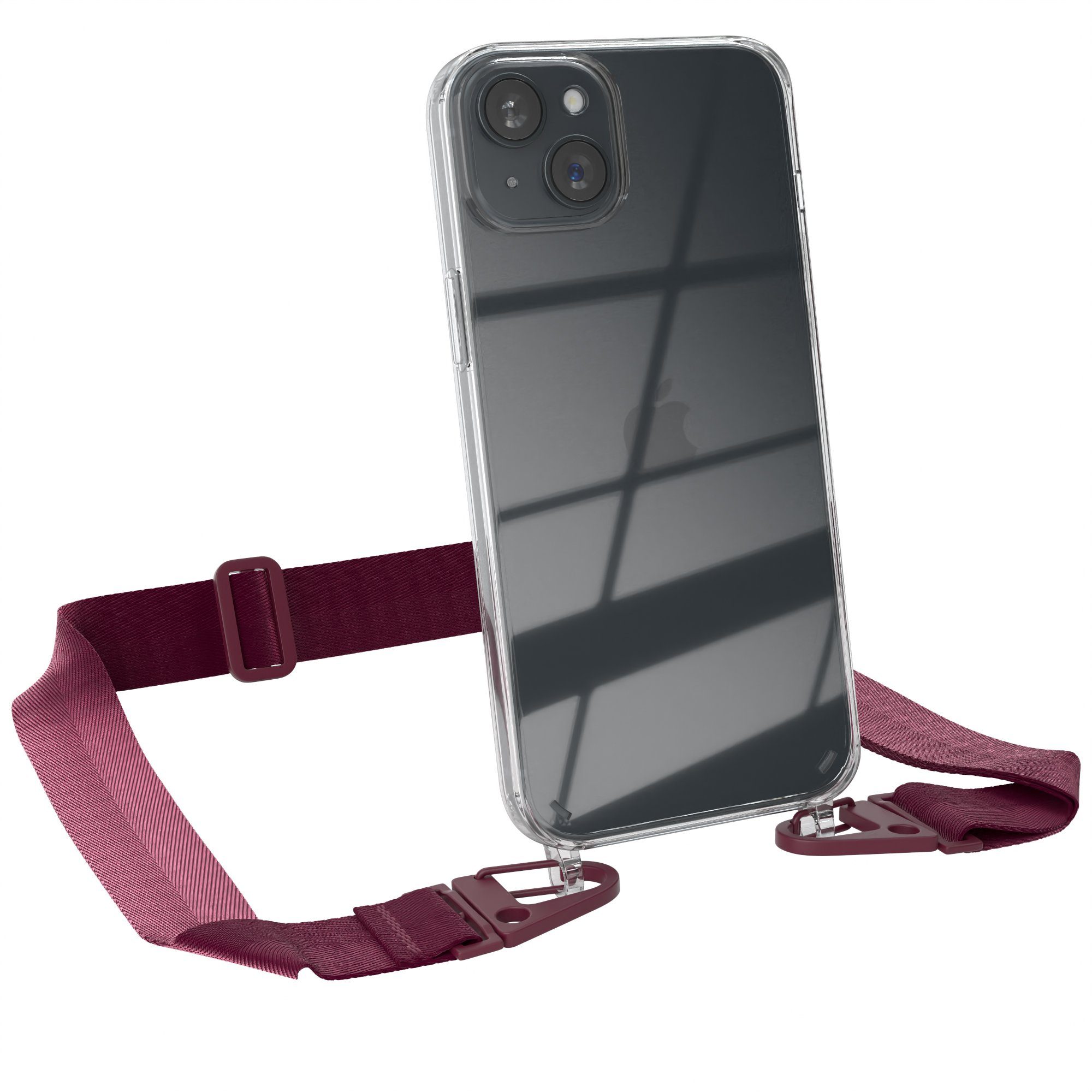 EAZY CASE Handykette Silikon Kette Karabiner für Apple iPhone 15 Plus 6,7 Zoll, Smartphonekette Cover Silikonhülle Umhängetasche Burgundy Rot Beere