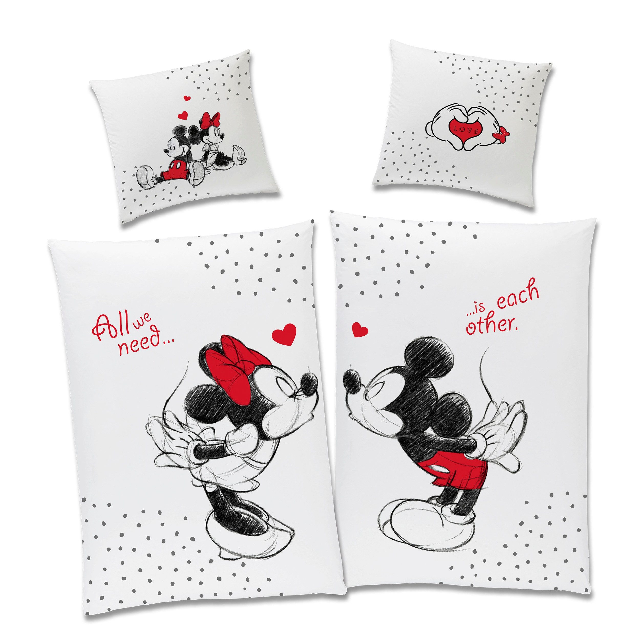 Familando Partnerbettwäsche Mickey & Minnie Mouse 2-teilig 135x200 80x80 cm aus 100% Baumwolle, Renforcé, 2 teilig, mit Liebesspruch über zwei Seiten