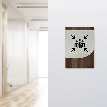 Kreative Feder Hinweisschild "Sammelpunkt" - modernes Business-Schild aus Holz und Alu, für Innenräume; ideal für Büro, Schule, Universität