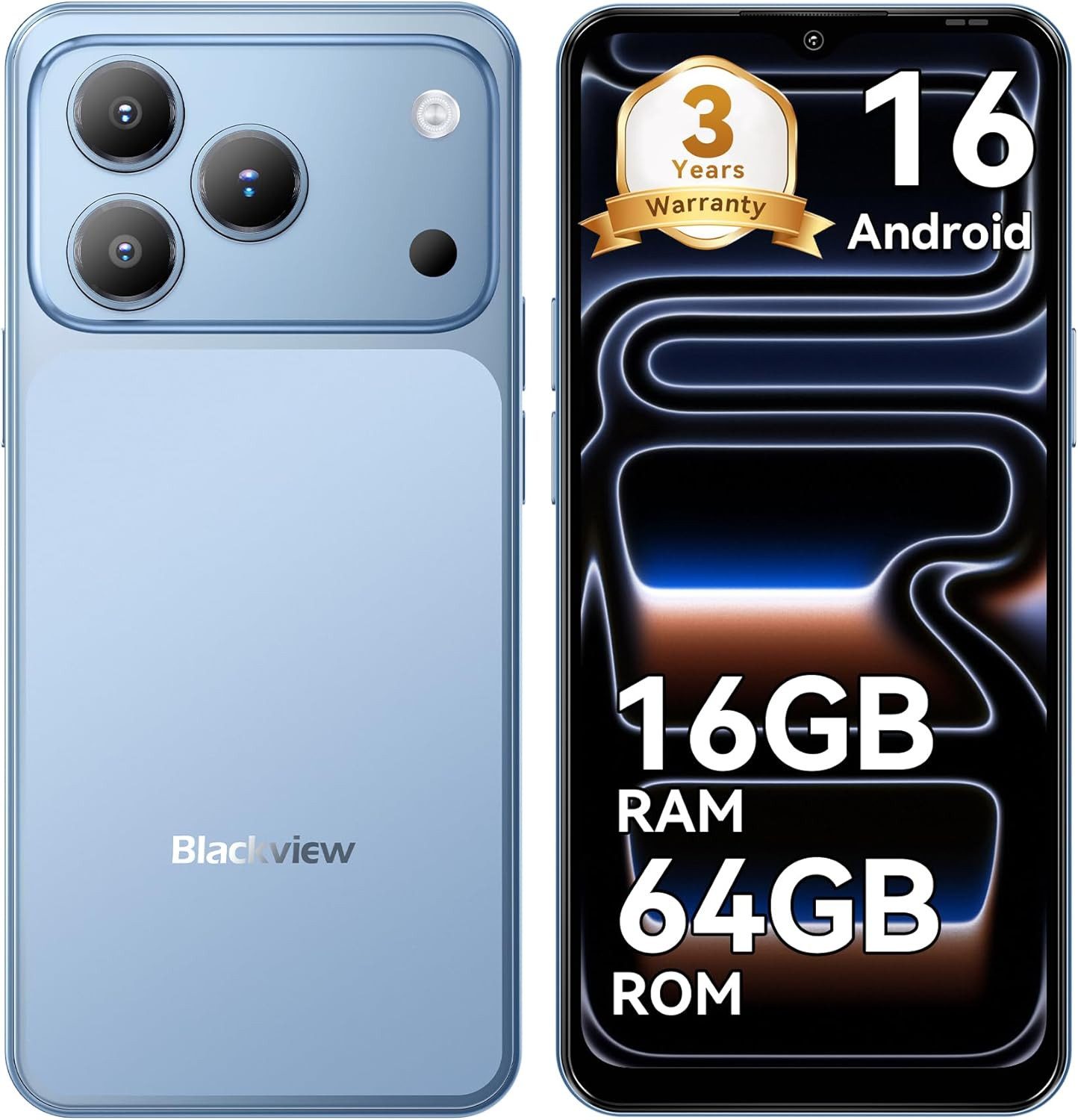 blackview Blackview A16 WAVE 7C (16+64) 60HZ 5000mAh AI Smartphone (32 MP Kamera, 4G Dual SIM/Face ID/IP54/GPS/3 Jahre Garantie)