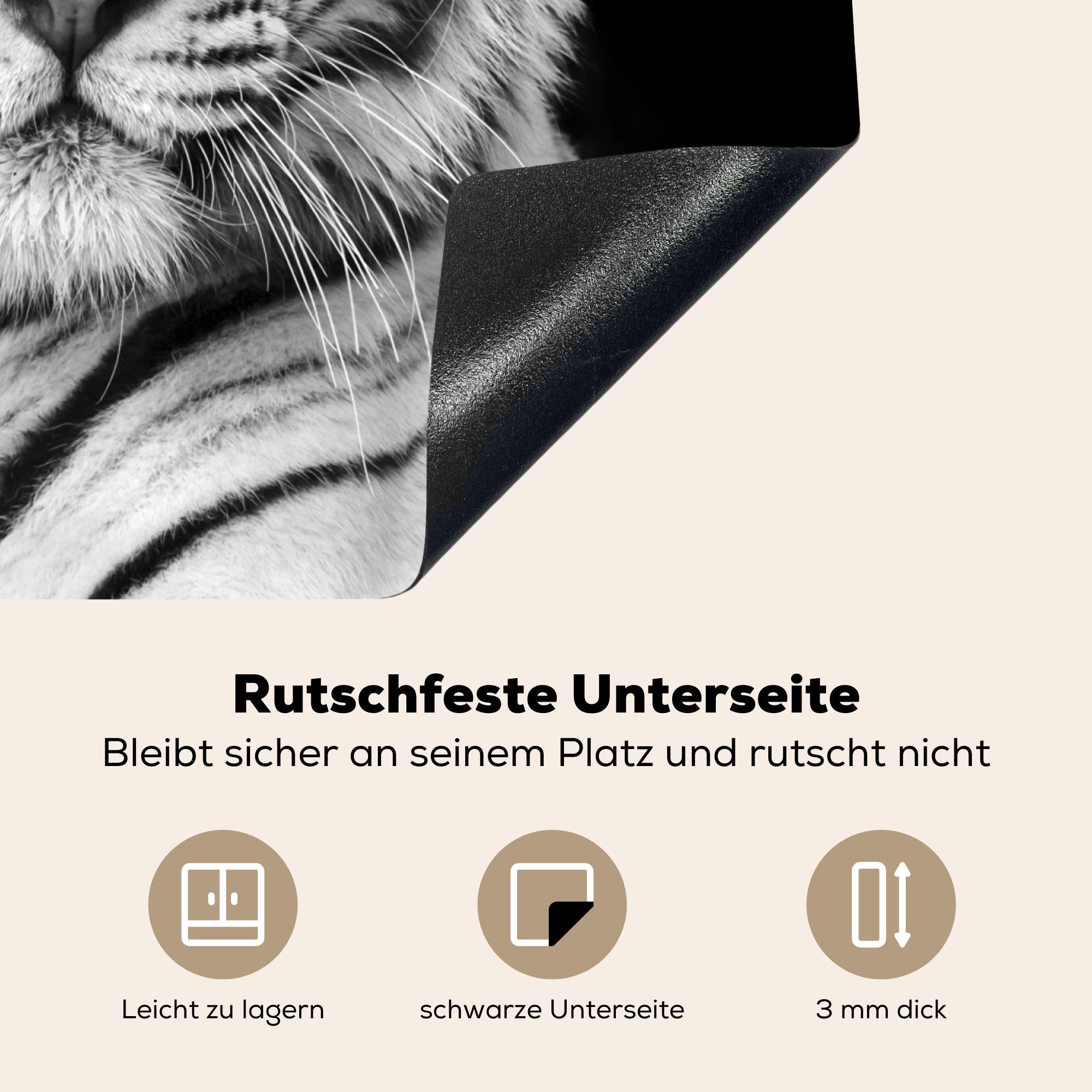 MuchoWow Herdblende-/Abdeckplatte Tiger tlg), (1 Weiß 57x51 - Porträt Ceranfeldabdeckung Induktionskochfeld, Tiere, cm, - Vinyl, Induktionsschutz, - Schwarz 