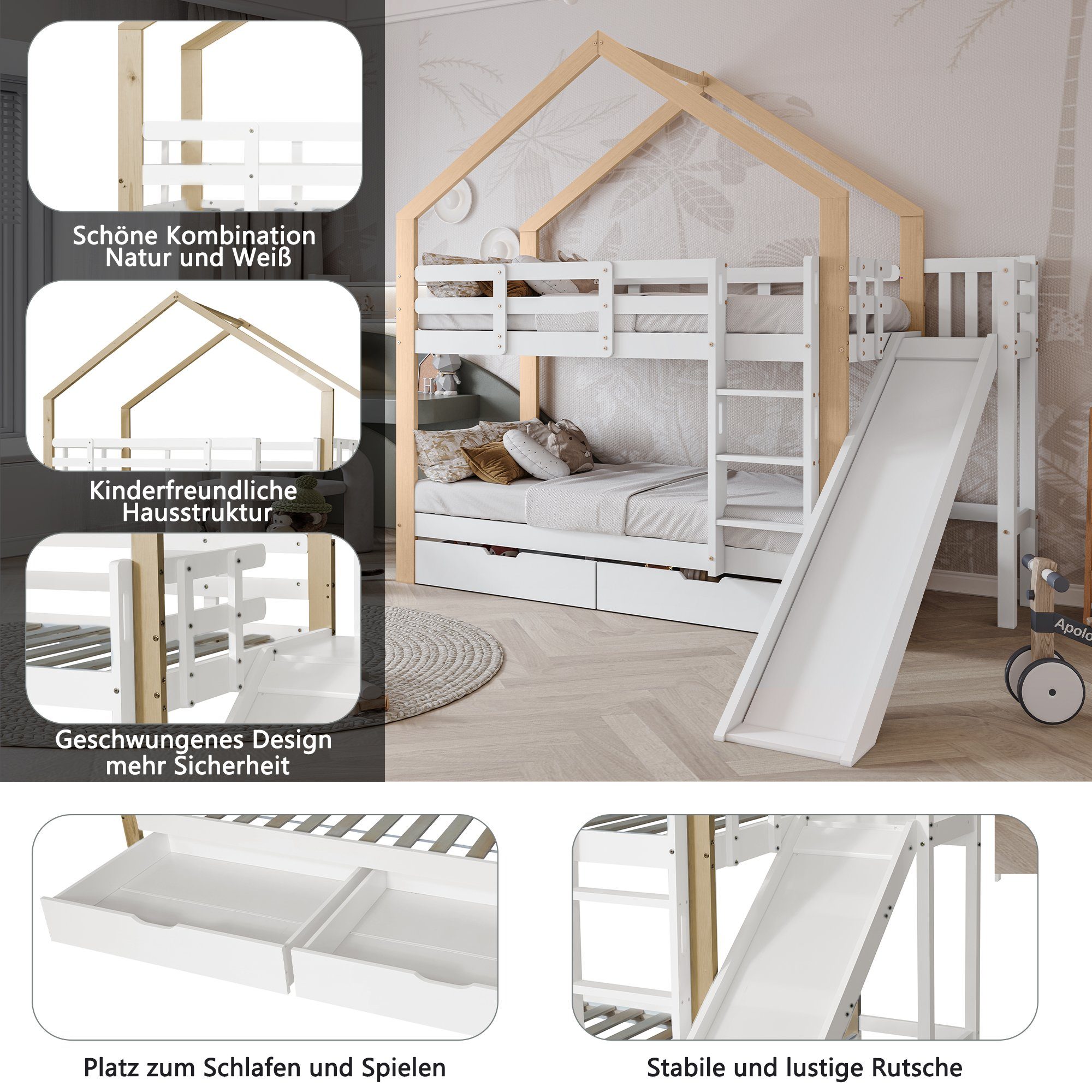 Etagenbett (Hausbett mit 2 Schubladen), Hochbett Kinderbett mit Lattenrost, Rutsche und Leiter, 90x200cm