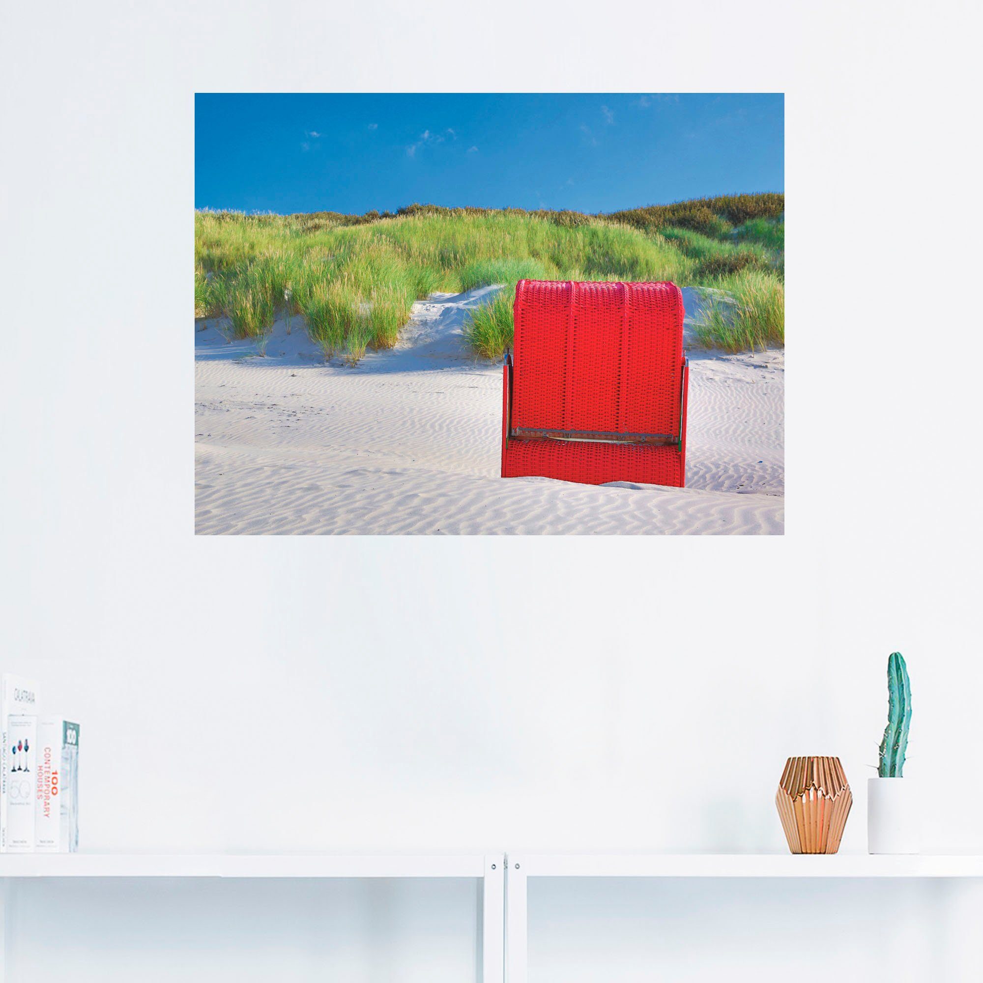 Artland Wandbild Roter Strandkorb, Strand (1 St), als Leinwandbild,  Wandaufkleber oder Poster in versch. Größen