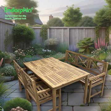Endorphin Gartenlounge-Set Garten Sitzgarnitur aus Akazienholz massiv im Teakholz-Look 4tlg. (Tis, (2 Stühle, 1 Tisch, 1 Bank)