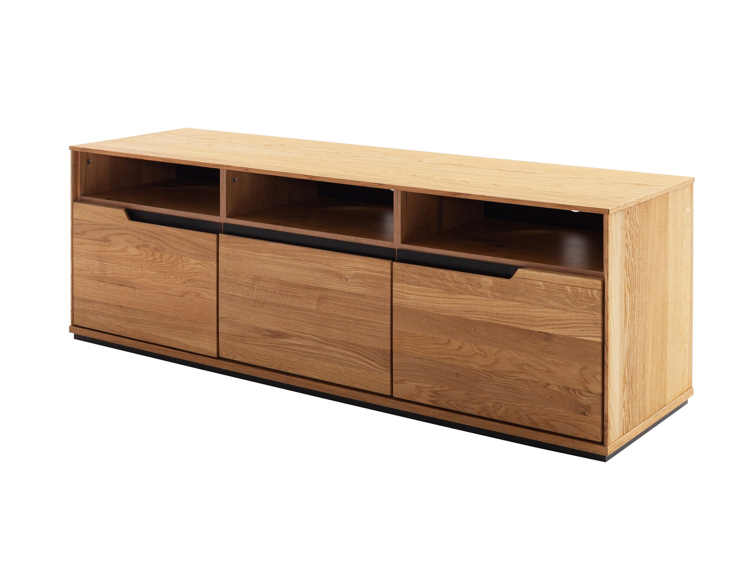 Massivart® Lowboard 153 cm Breite TV-Board Massivholz Wildeiche geölt »ARAYA«, 1 Schublade · 2 Drehtüren · 3 Gerätefächer · schwarze Griffmulden
