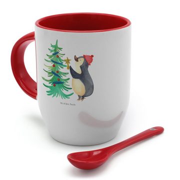 Mr. & Mrs. Panda Tasse Pinguin Weihnachtsbaum - Weiß - Geschenk, Advent, Wintermotiv, Kaffee, Keramik, Inklusive Löffel