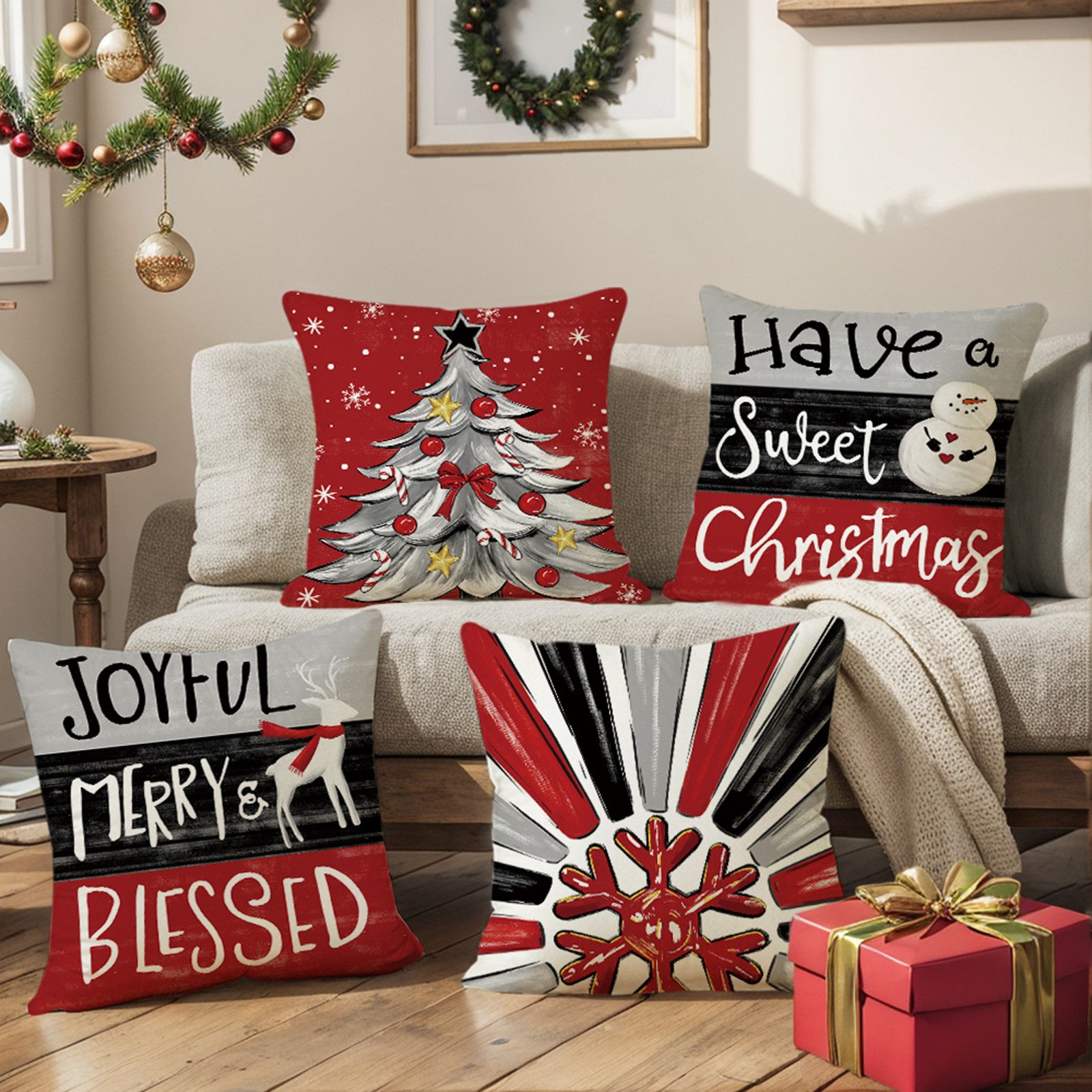Jibenhome Kissenbezüge Weihnachten Kissenbezug 45x45cm,Leinen,4 Stück,für Dekokissen Deko, (4 Stück), Quadratisch Zierkissenbezug für Weihnachten Bett Sofa Esszimmer Deko