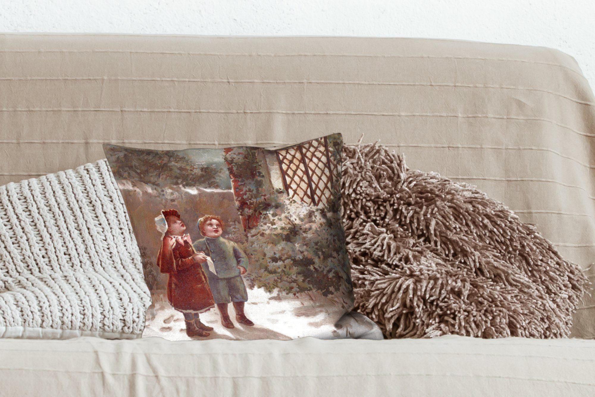 MuchoWow Dekokissen Porträt Weihnachten - Zierkissen Winter für - Schlafzimmer, Füllung Deko, Wohzimmer, mit Sofakissen Vintage