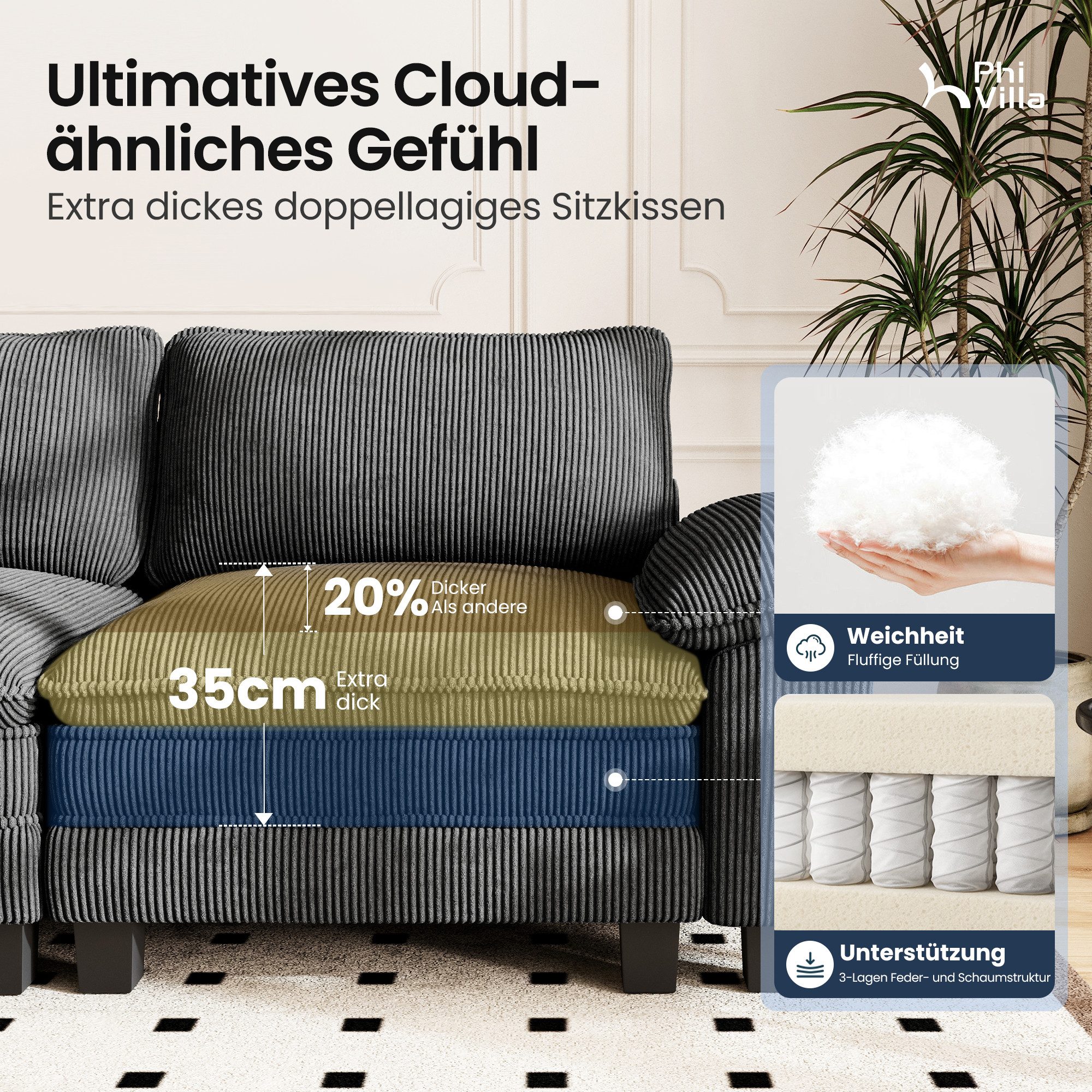 PHI VILLA Ecksofa L-Form Couch, 4-6-Sitzer-Sofa, Modulare Sofas inklusive Zierkissen und Ottomane für das Wohnzimmer