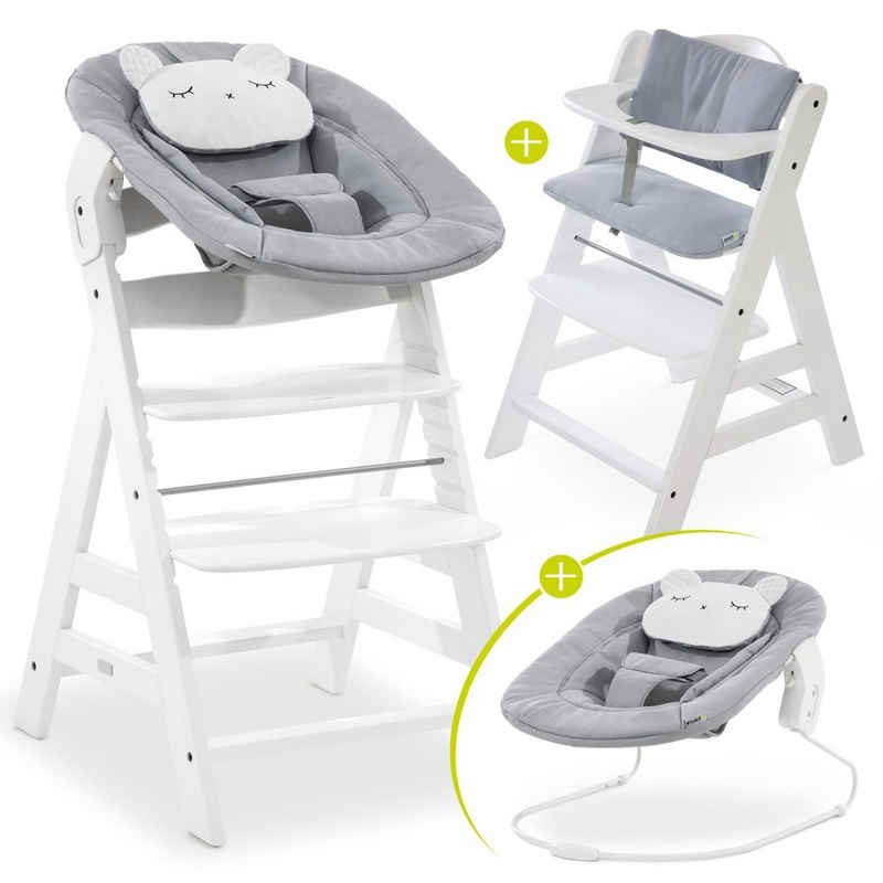 Hauck Hochstuhl Alpha Plus White Newborn Set Pastell Bear (Set, 4 St), Holz Babystuhl ab Geburt inkl. Aufsatz für Neugeborene & Sitzauflage