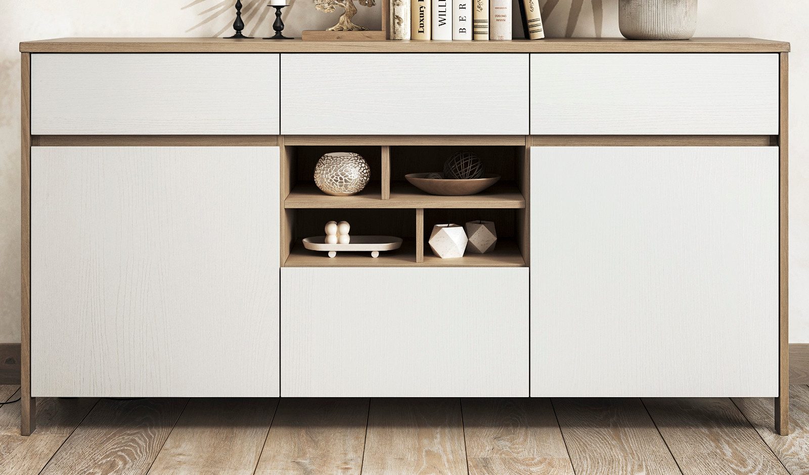 Furn.Design Sideboard Finnes (3-türige Kommode mit 3 Schubkästen, Eiche Weiß und Eiche Natur, 164 cm), mit Soft-Close-Funktion