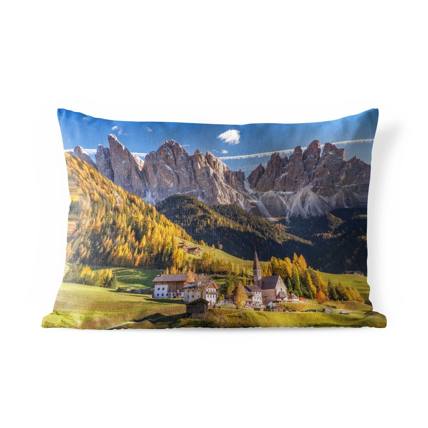 Tal den Dolomiten, Dekokissen Outdoor-Dekorationskissen, Dorf in MuchoWow einem Polyester, Dekokissenbezug, in Kissenhülle
