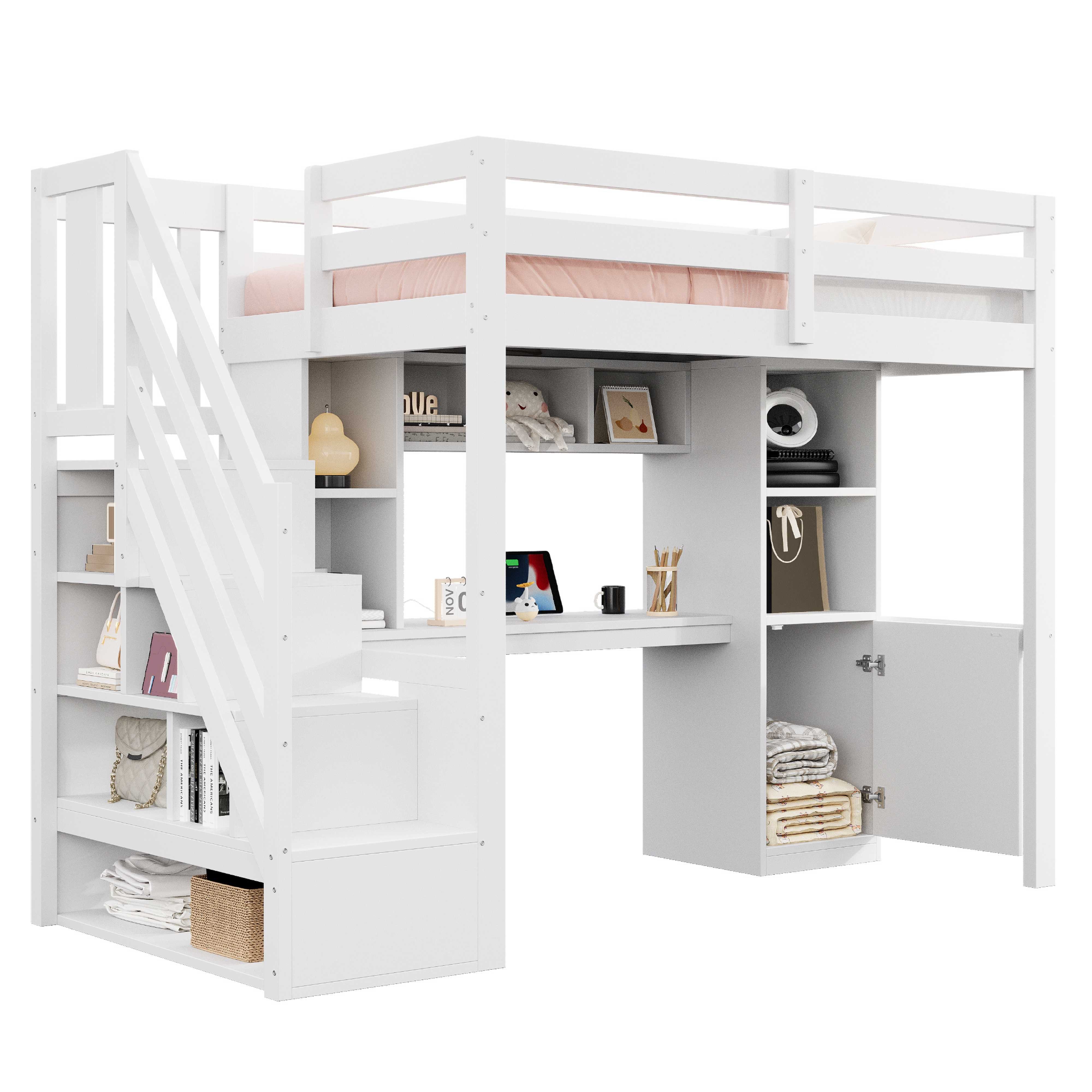 BlingBin Hochbett Holzbett Kinderbett (1-St., mit Stauraum, Schreibtisch, Regalen, LED-Beleuchtung) EU-Standard-Steckdosen sowie hohen Sicherheitsgittern,90 x 200 cm