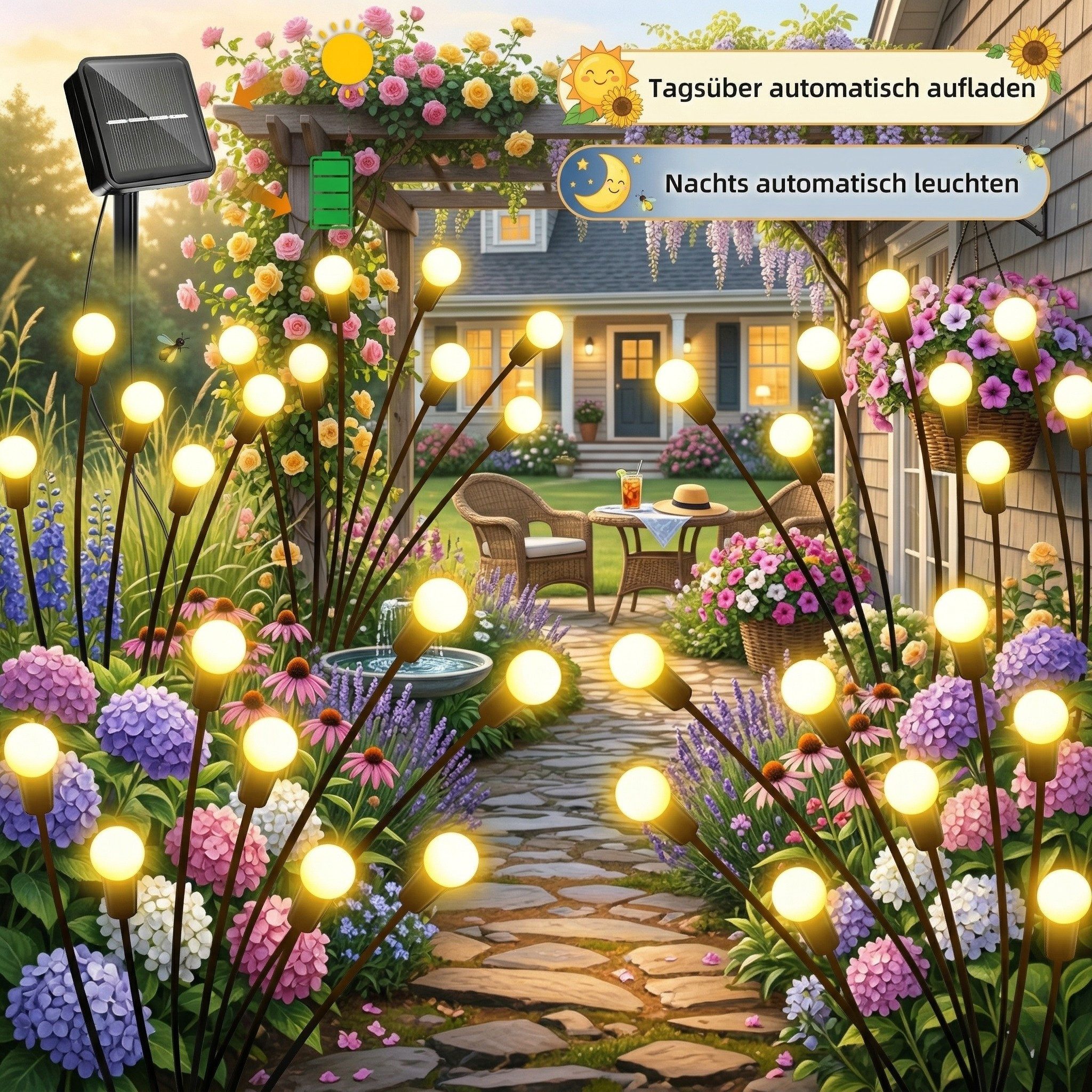 Norvéa Home LED Gartenleuchte Solar Glühwürmchen Gartenleuchten 4er Set 32 LED warmweiß, LED fest integriert, warmweiß, Glühwürmchen-Effekt, 8 Lichtmodi, automa – Bild 4 von 5