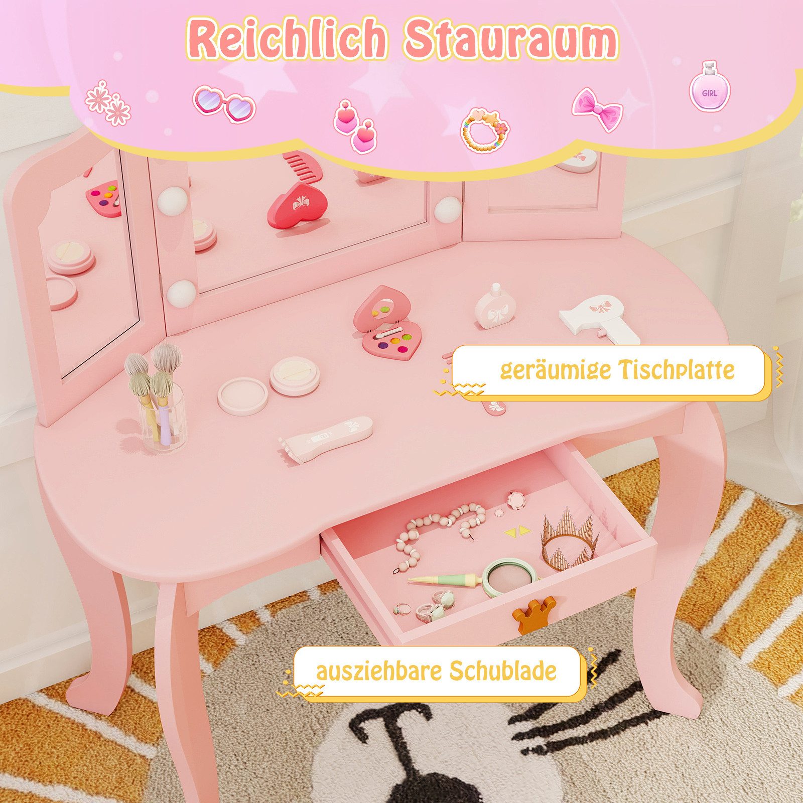 COSTWAY Schminktisch Kinderschminktisch mit Hocker, mit LED Beleuchtung