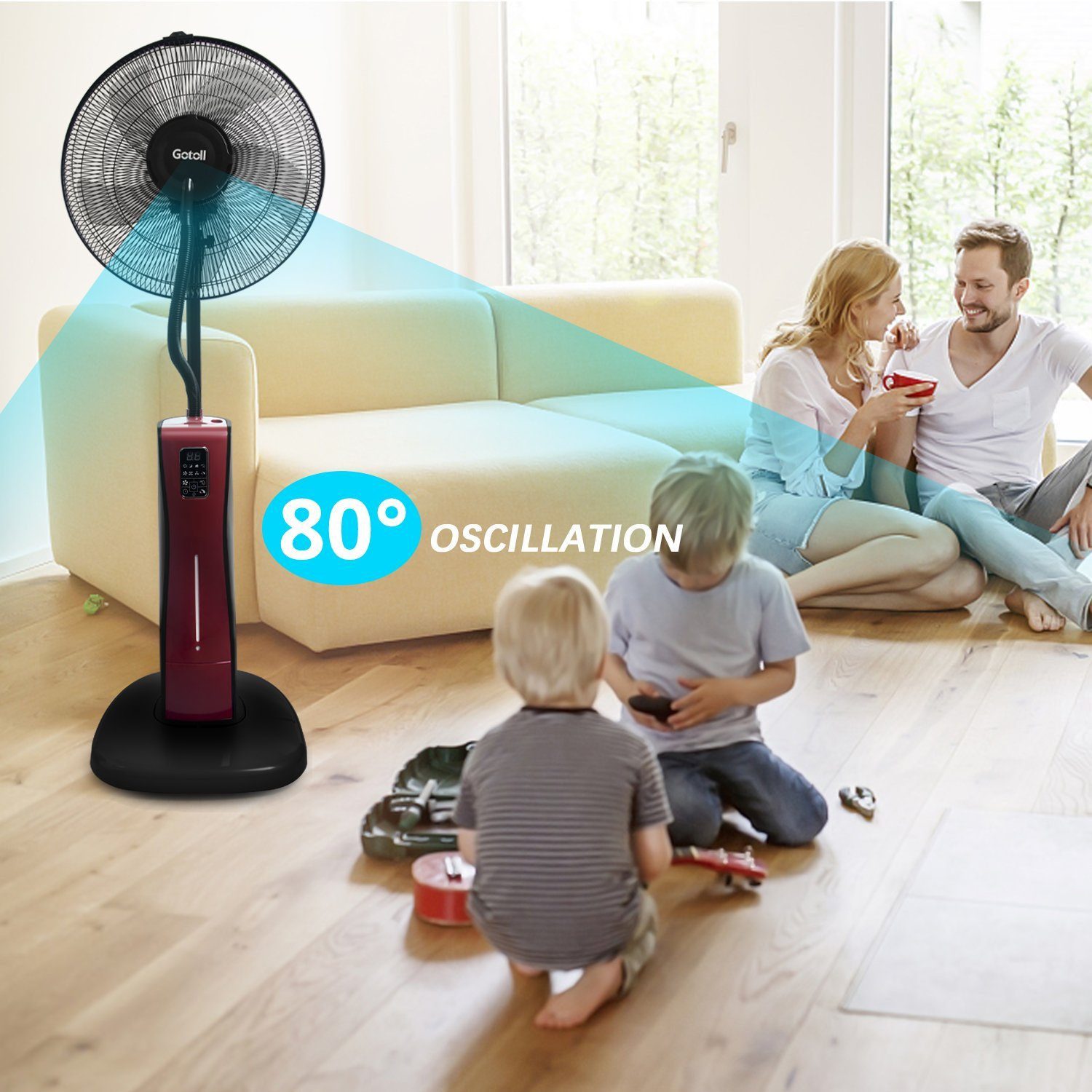 Gotoll Standventilator GLBF-06 mit 2L Wassertank,Fernbedienung, 3 Modi,12H Timer, 125 CM Nebelventilator Kühlventilator 80° Oszillation