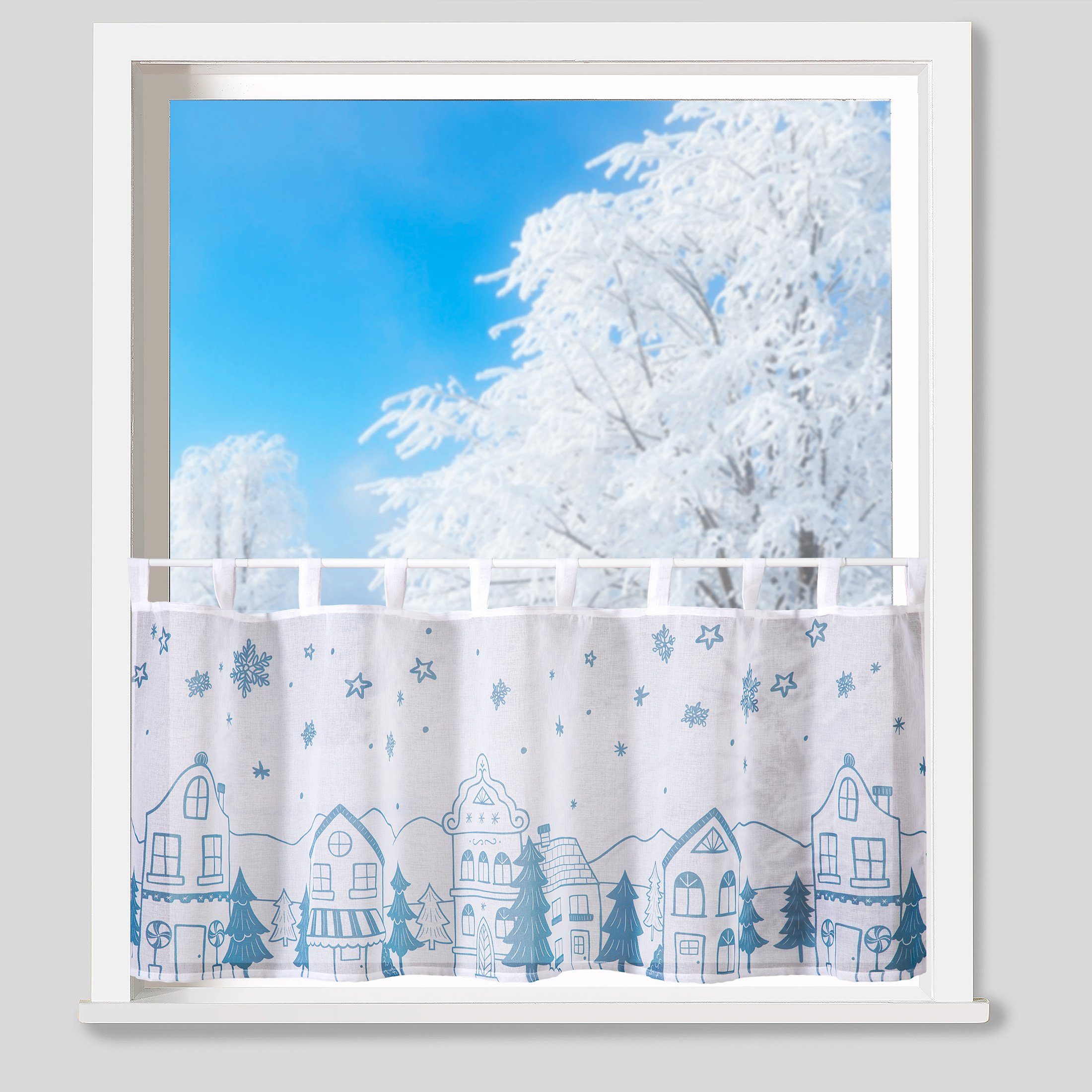 St), Deko Weihnachten Scheibengardine Typ844, blau Fensterdekoration Schlaufen halbtransparent Gardine (1 heimtexland,