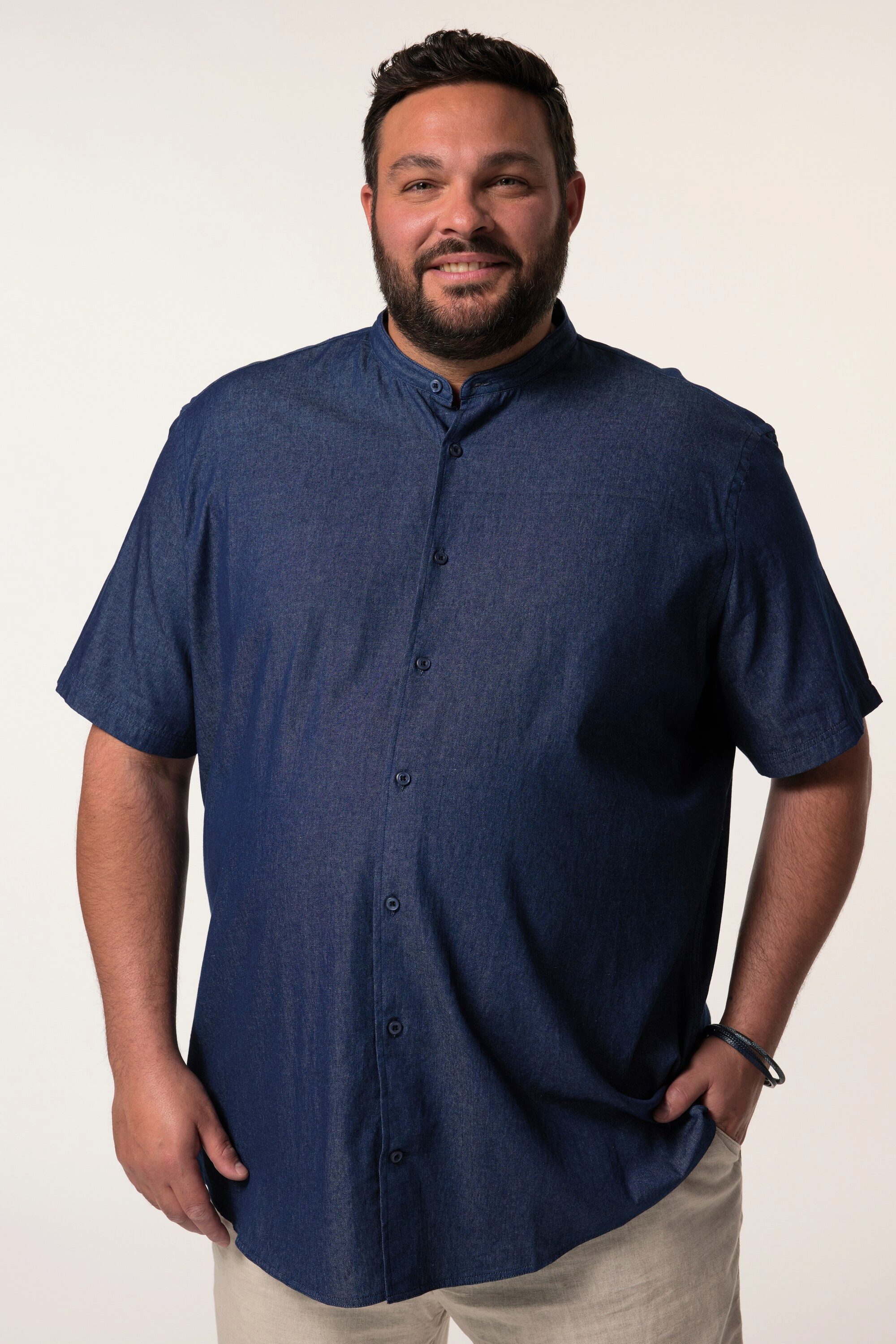 Men Plus Kurzarmhemd Jeansoptik-Hemd Halbarm Stehkragen Comfort Fit günstig online kaufen