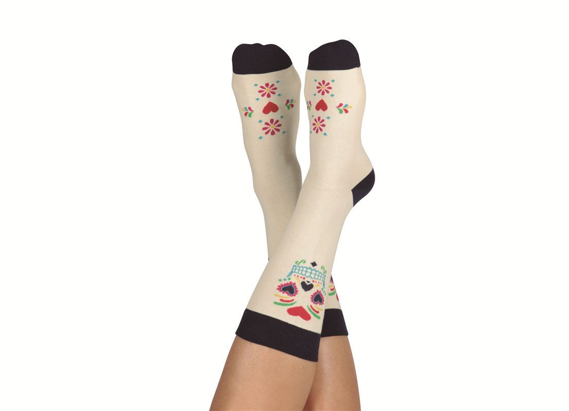 DOIY Socken Totenkopf - Calaca - Socks (Box, 1-Paar, Strümpfe geformt als bunter Schädel) Fun Geschenkidee