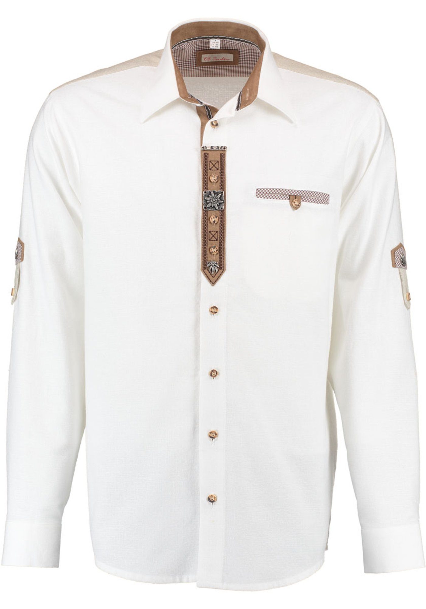 OS-Trachten Trachtenhemd Brawe Langarmhemd mit Edelweiß-Ziertel auf der Knopfleiste