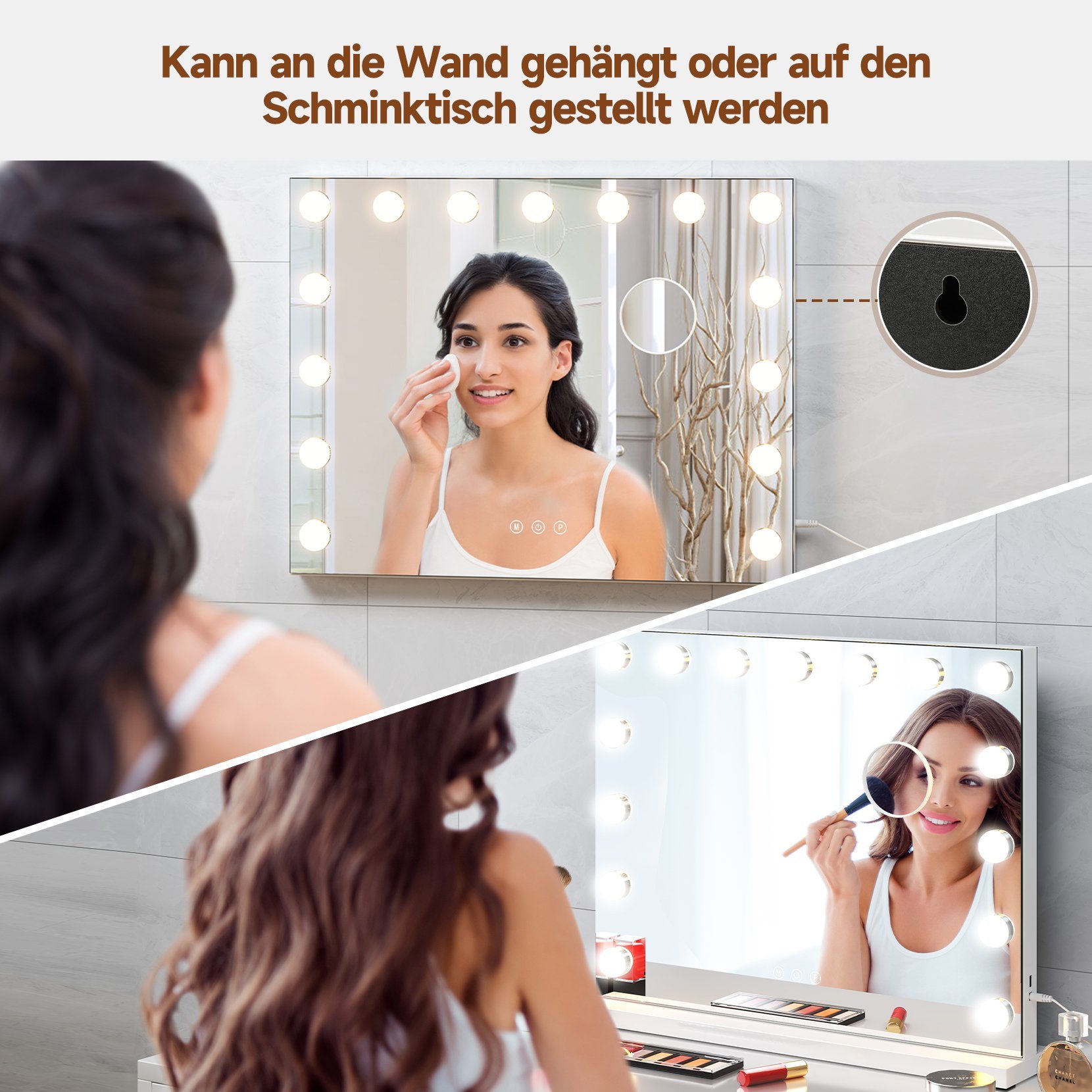 Dripex Schminkspiegel Hollywood Schminkspiegel mit 15/14 LED, für Make-up, 3 Farblichter