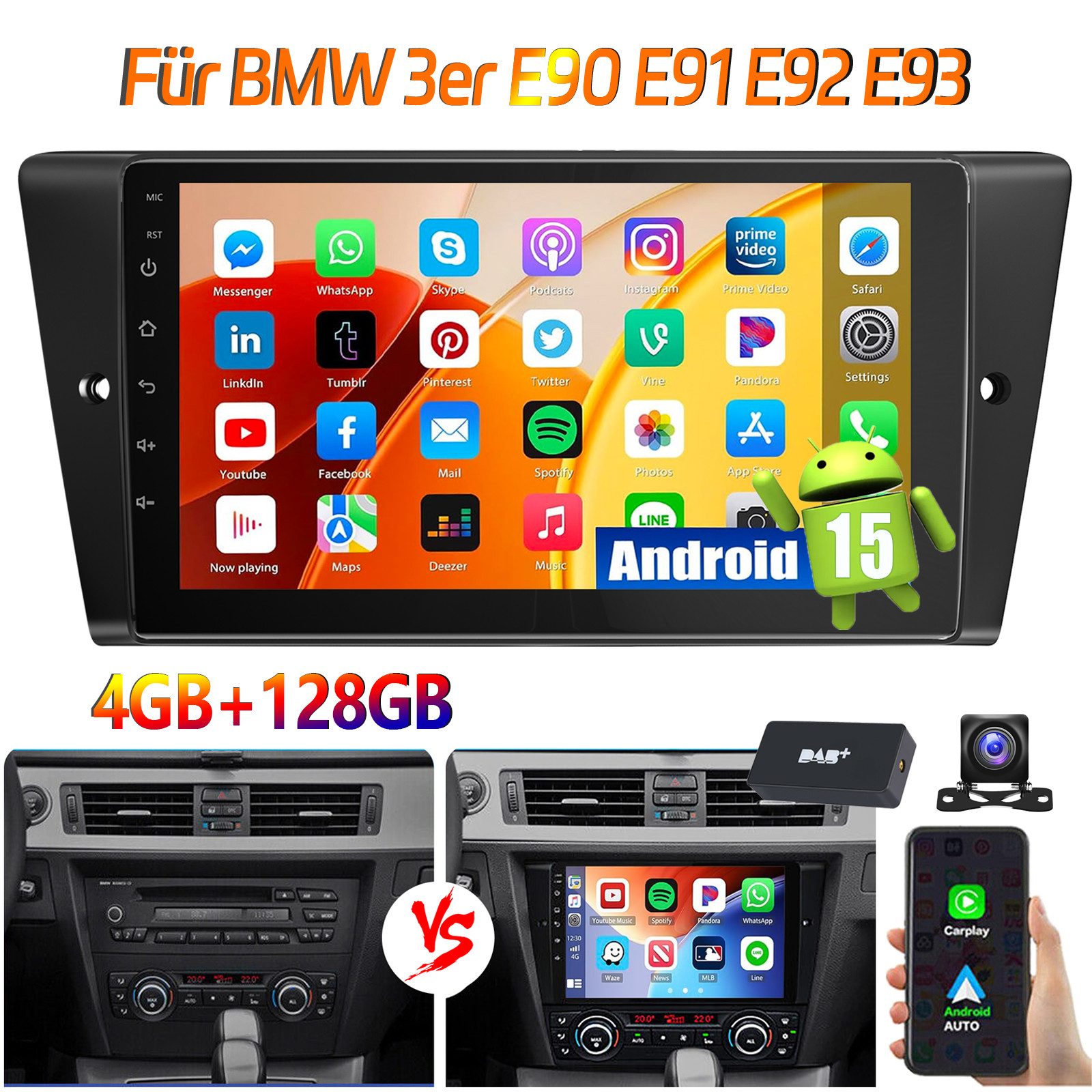 ESSGOO DAB+ Für BMW 3er E90 E91 E92 E93 9'' Carplay Android15 GPS WIFI BT Autoradio (RDS, 4+64GB(optional), DAB (optional), FM, AM, DAB+ (optional), Carplay Android Auto Bluetooth EQ USB GPS Navi WIFI Touchscreen)