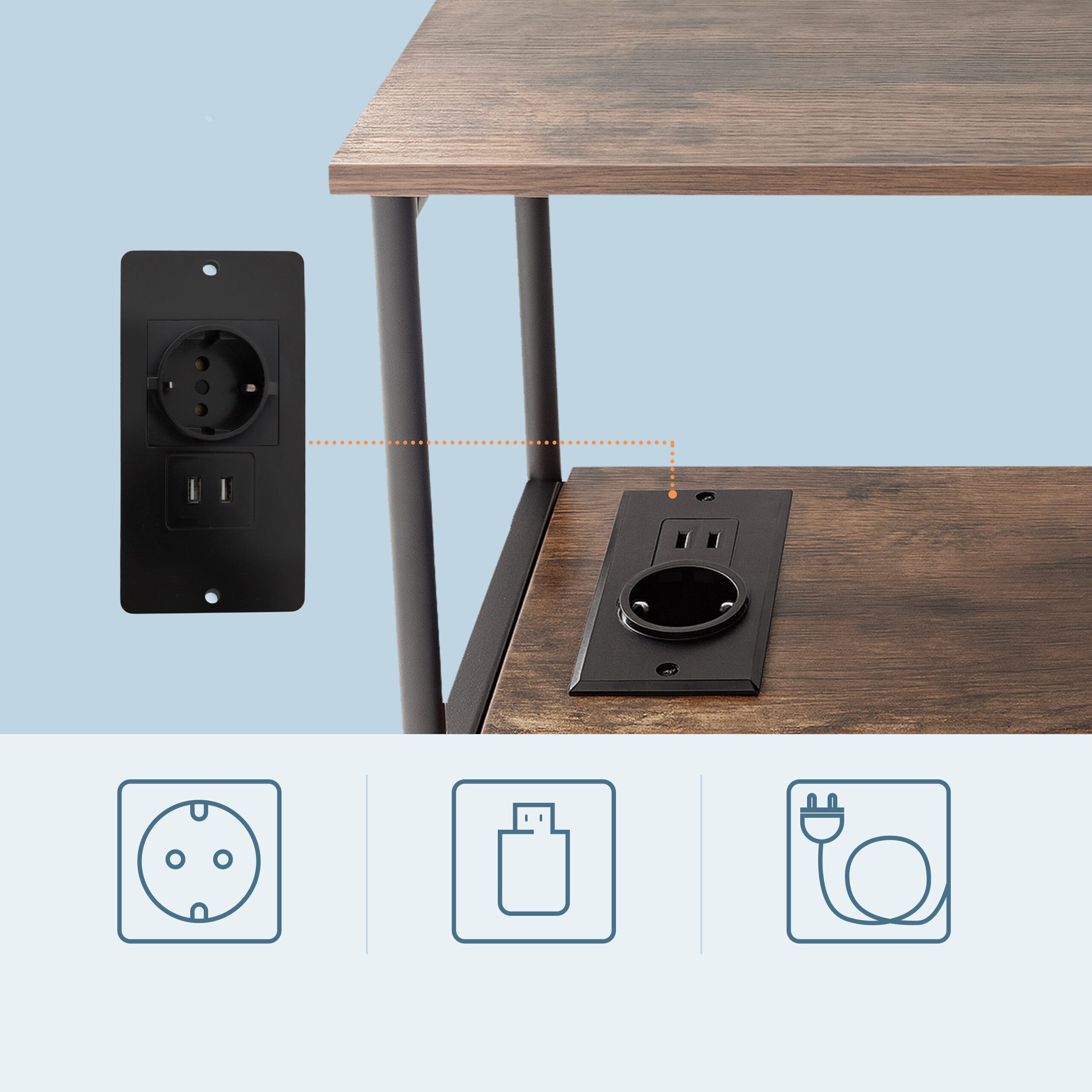 relaxdays Beistelltisch mit Steckdose & USB Ports (1-St), Vintagebraun – Bild 4 von 5