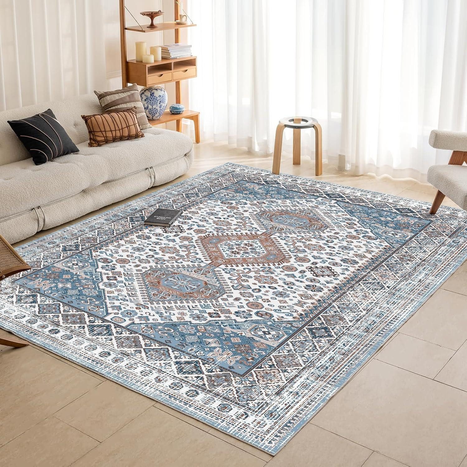 Orientteppich Teppich Wohnzimmer Waschbarer Orientalisch Rutschfest Dunkelblau