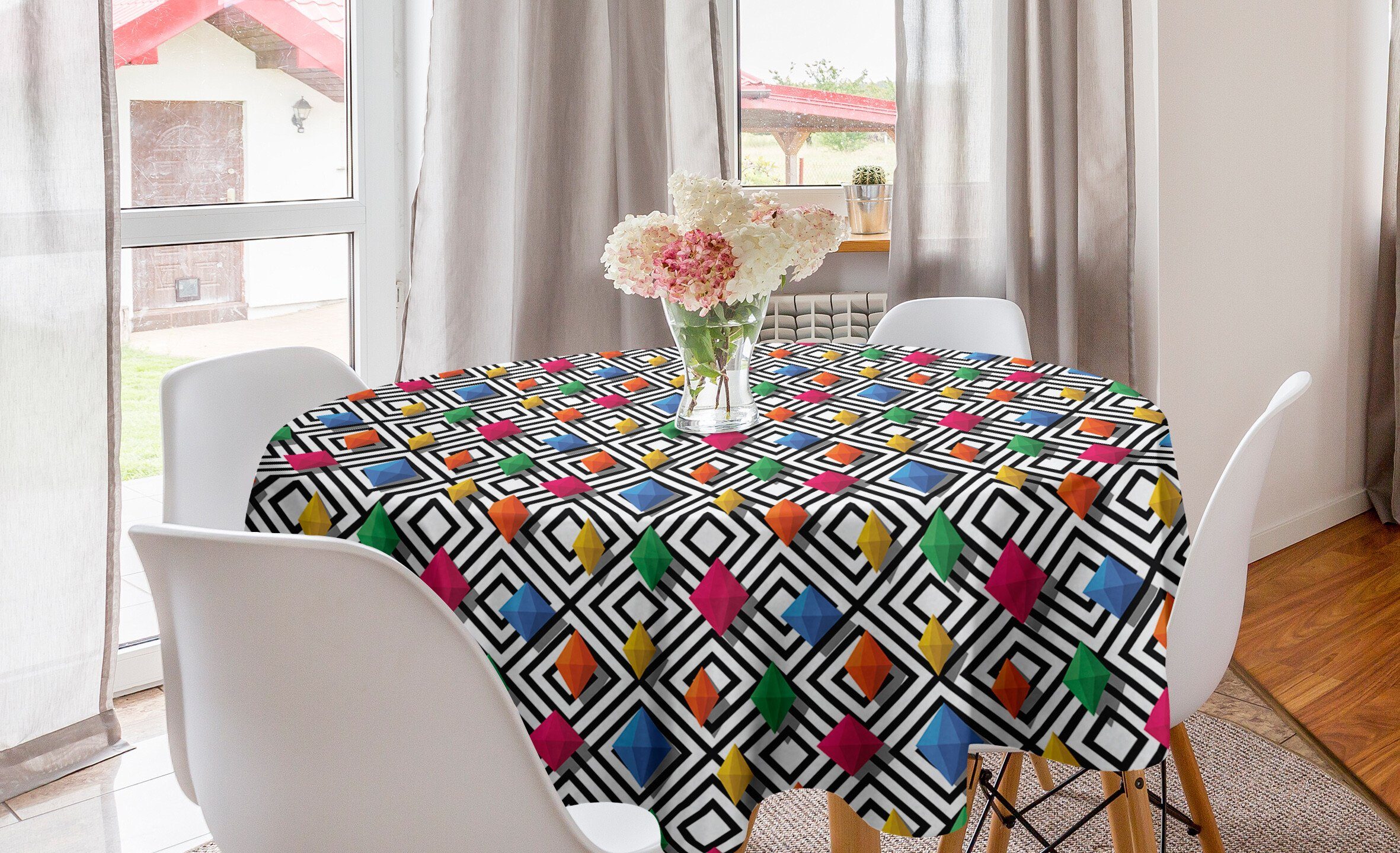 Küche Dekoration, Tischdecke Tischdecke Bunte 3D-Formen Geometrisch Abdeckung Abakuhaus Kreis Esszimmer für