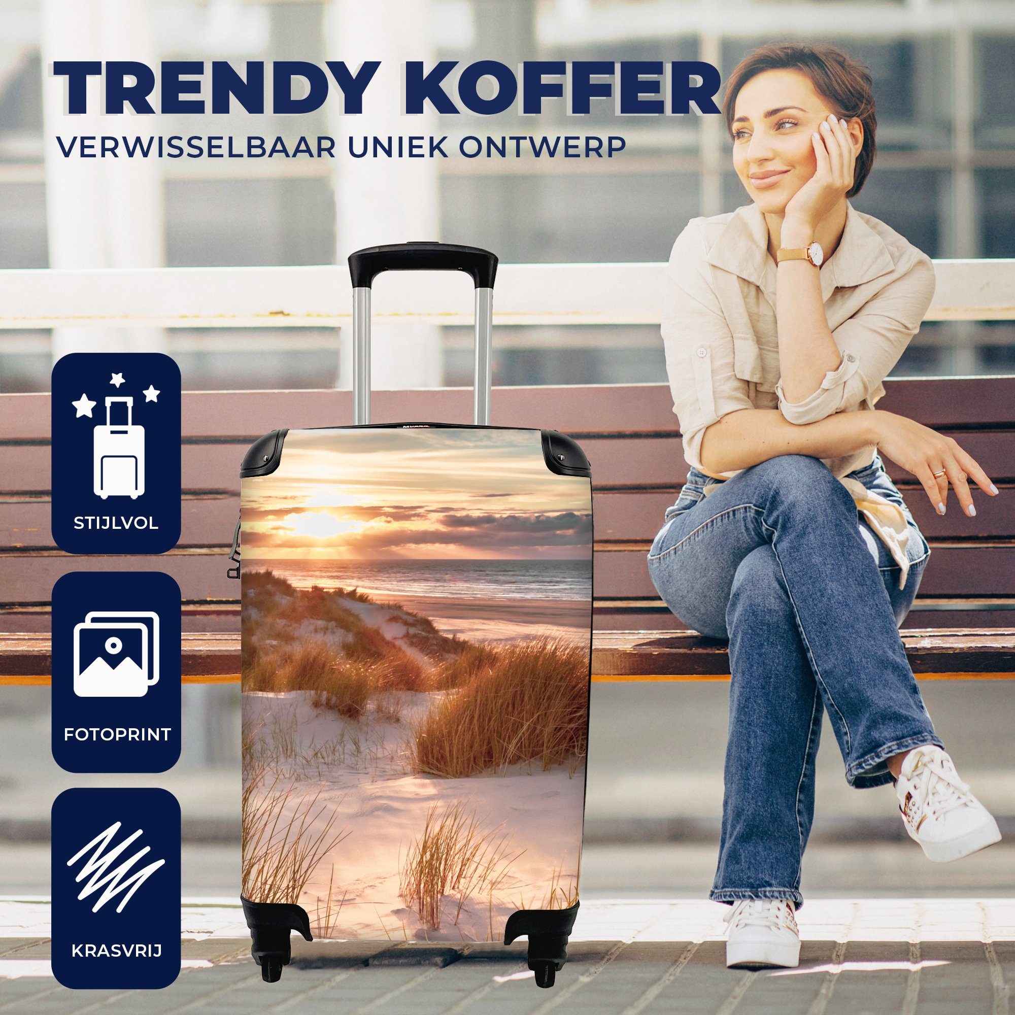 4 Ferien, - - - Reisetasche MuchoWow für Pflanzen Handgepäck - Handgepäckkoffer Strand Trolley, rollen, Rollen, Düne Sonnenuntergang Reisekoffer Meer, mit