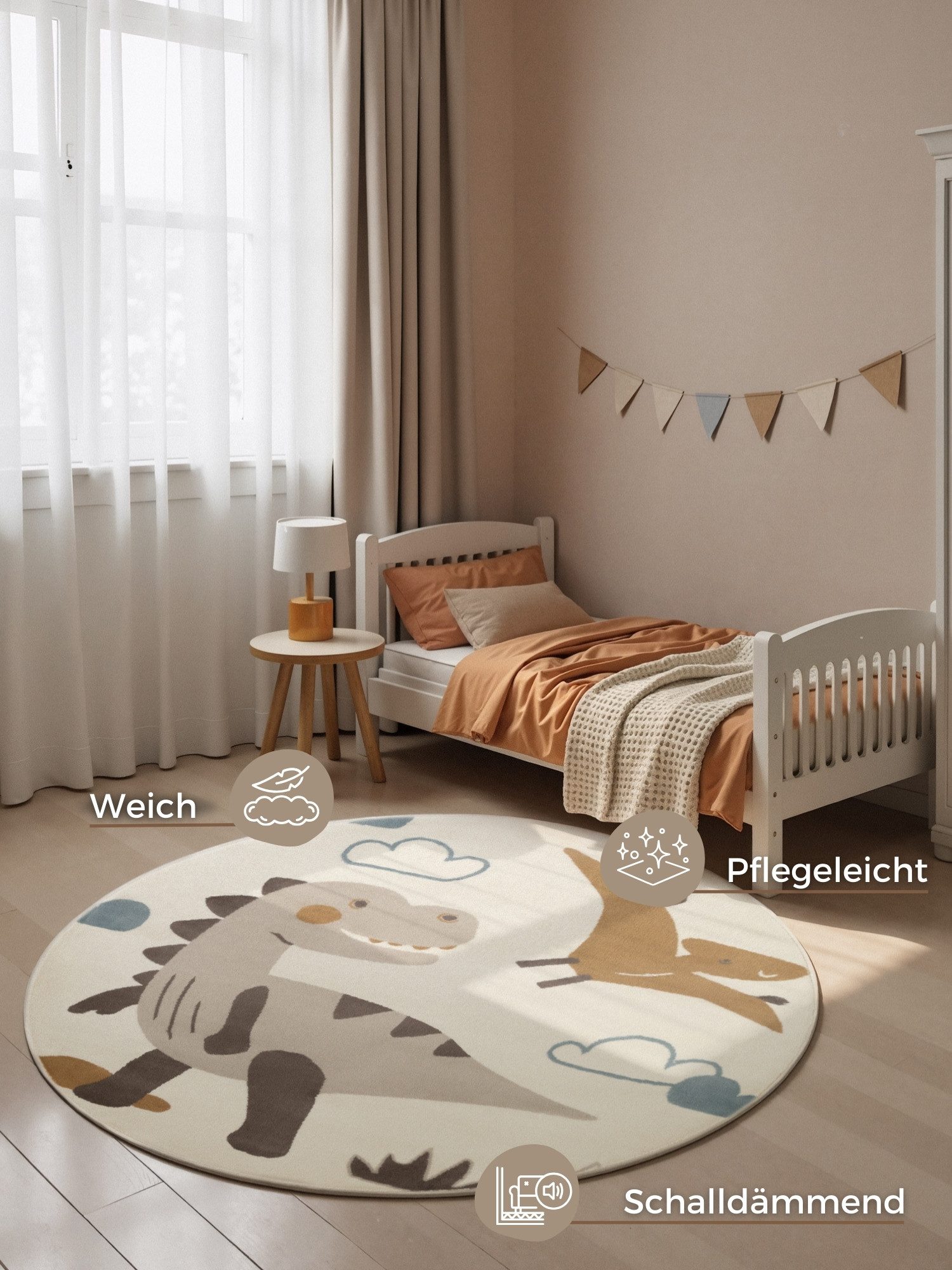 HANSE Home Kinderteppich Dino, rund, Höhe: 10 mm, Pflegeleicht, Weich, Kinderzimmer, Spielteppich, Spielunterlage