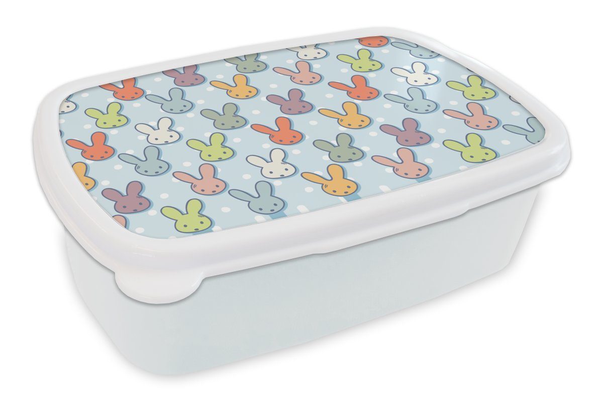 MuchoWow Lunchbox Kaninchen - Punkte - Pastell - Blau - Muster, Kunststoff, (2-tlg), Brotbox für Kinder und Erwachsene, Brotdose, für Jungs und Mädchen weiß