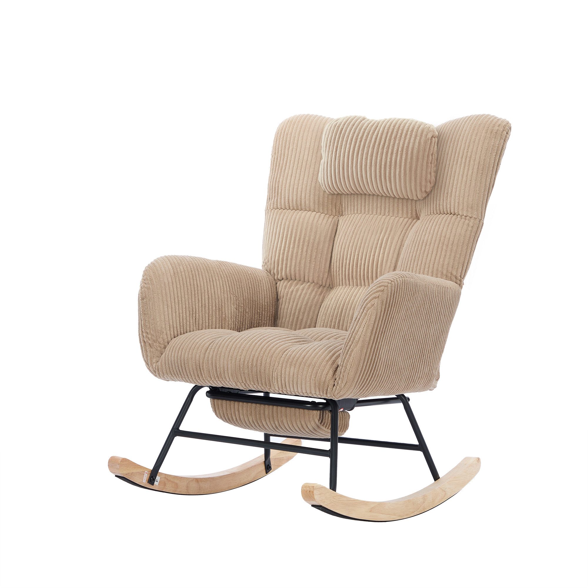 Merax Schaukelsessel Schwingsessel aus Cord-Sessel in Braun (102x65x92 cm, 1-St., Armlehnsessel mit Massivholzrahmen), Schaukelstuhl mit Rückenlehne Nackenkissen Fußstütze Seitentasche