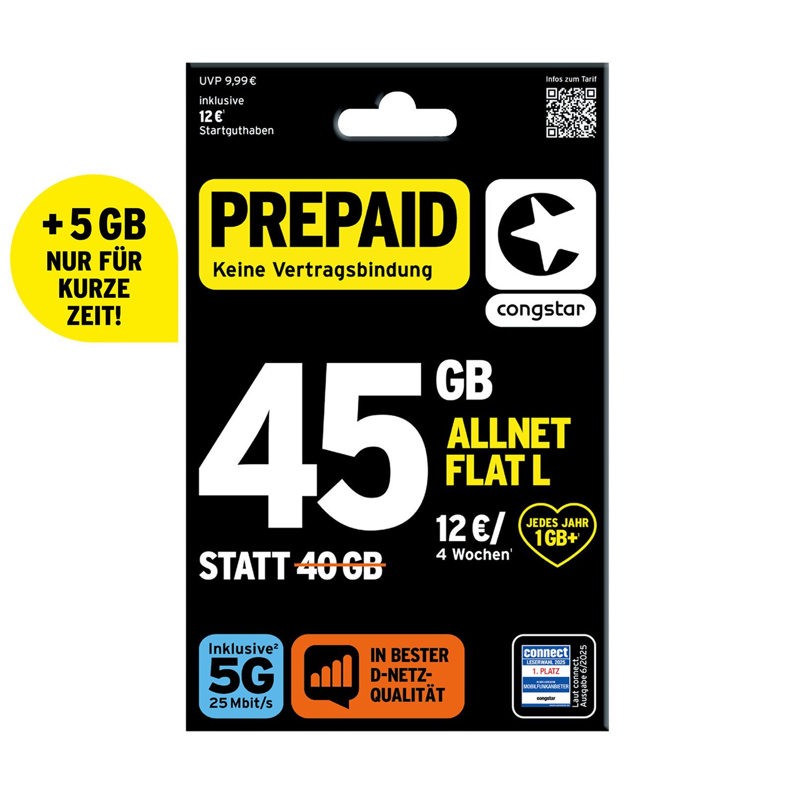 Congstar Prepaid ALLNET L SIM-Karte ohne Vertrag, 5G mit 25 Mbit/s Prepaidkarte, (Telefonie & SMS Flat, EU-Roaming inkl)