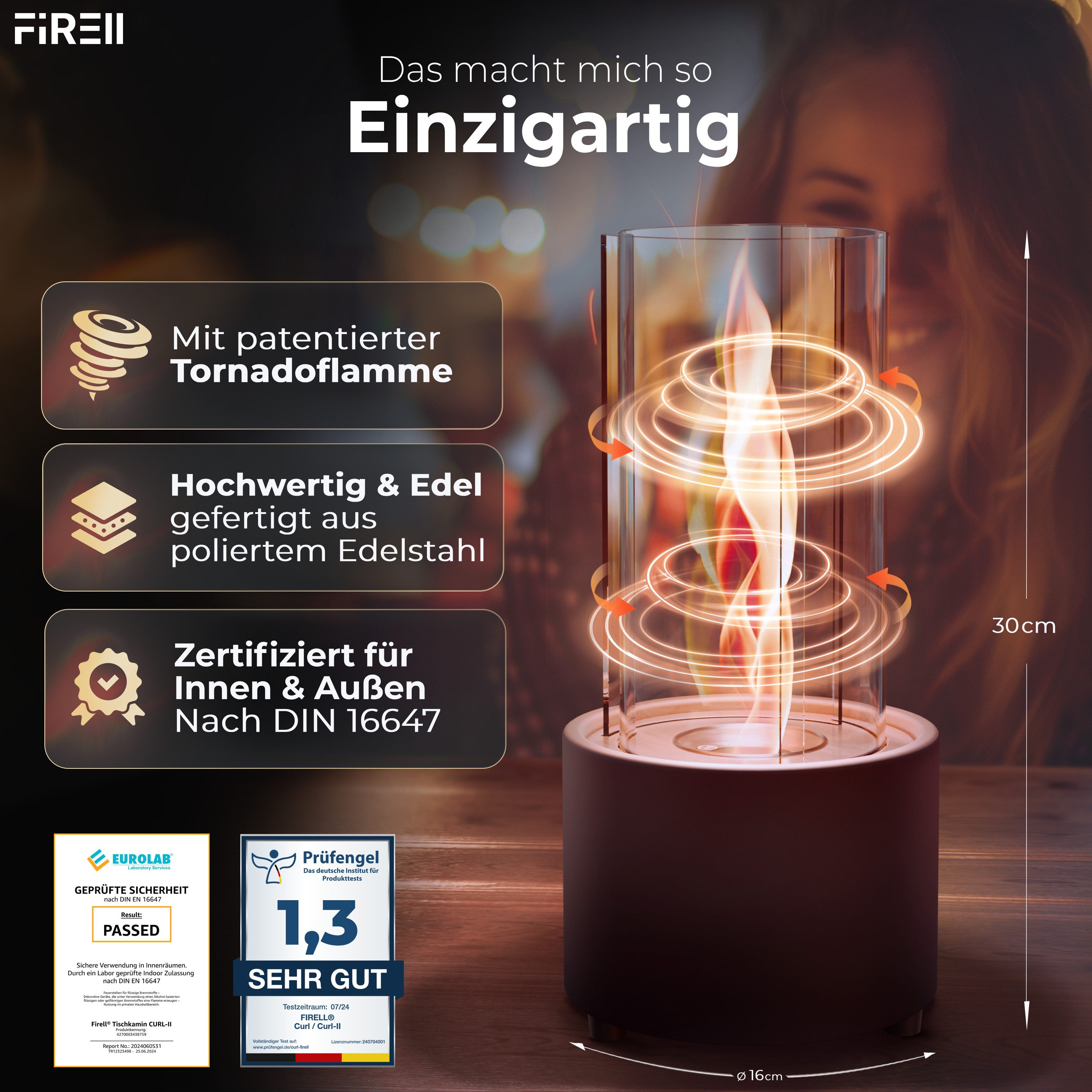 FIRELL Tischfeuer Ethanol Tischkamin Indoor & Outdoor Echtfeuer-Dekokamin (aus Edelstahl, Komplett-Set), Verstellbare Flamme, 2h Brenndauer, Patentierte Wirbelflamme, TÜV geprüft