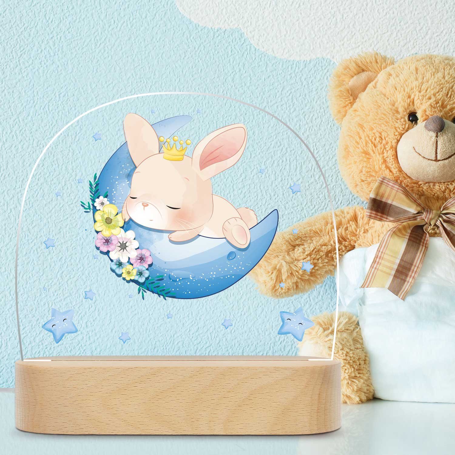 GRAVURZEILE LED Nachtlicht für Kinder, Beruhigend und Energiesparend - Mond Design - Hase, LED, 3 Lichtmodi: Warm- Kalt- und Mischweiß, Geschenk für Kinder & Baby