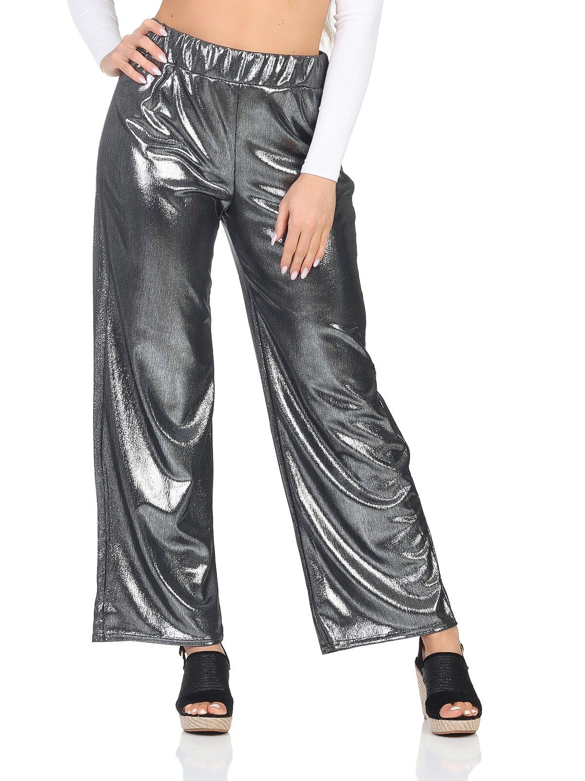 PM SELECTED Marlene-Hose PM-91 (Stilvolle Lange Marlene Hose Laufhose) Metalic Look, Abend Mode, Einheitsgröße