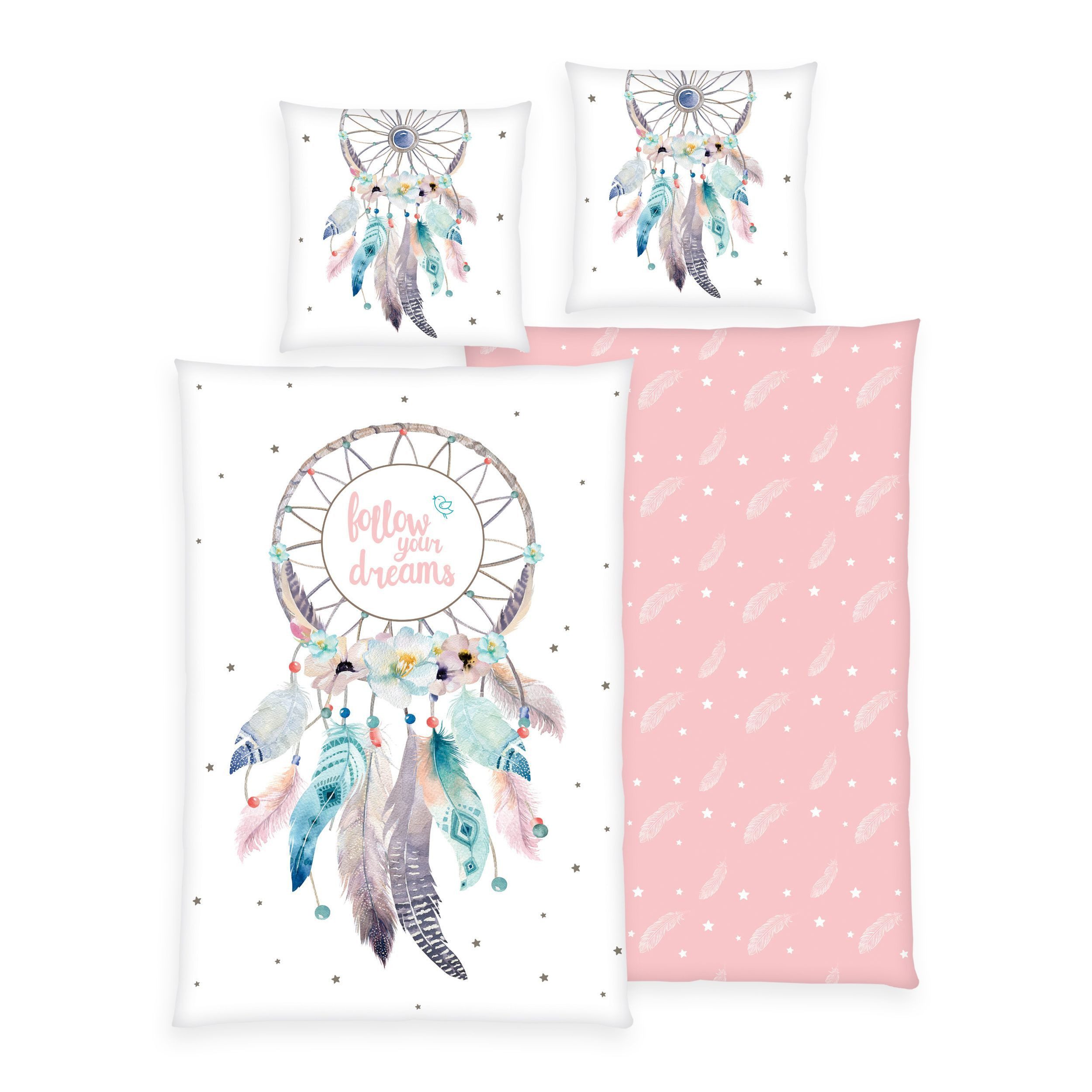Familando Bettwäsche Dreamcatcher Traumfänger 135x200 80x80cm 100% Baumwolle Reißveschluss, Renforcé, 2 teilig, für Kinder und Erwachsene im Bohemian Boho Style Rosa