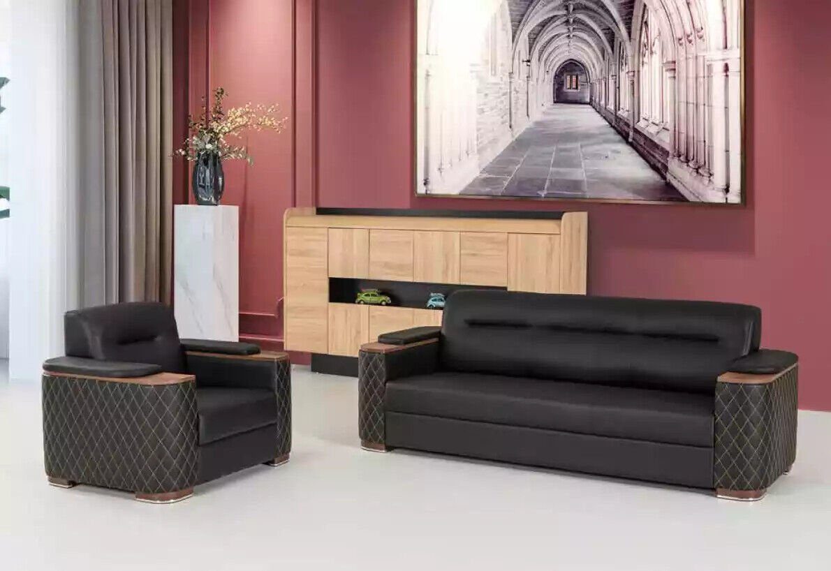 JVmoebel Sofa Schwarze Couchgarnitur Dreisitzer Sessel Arbeitszimmer Luxus 2tlg 3+1, Made In Europe