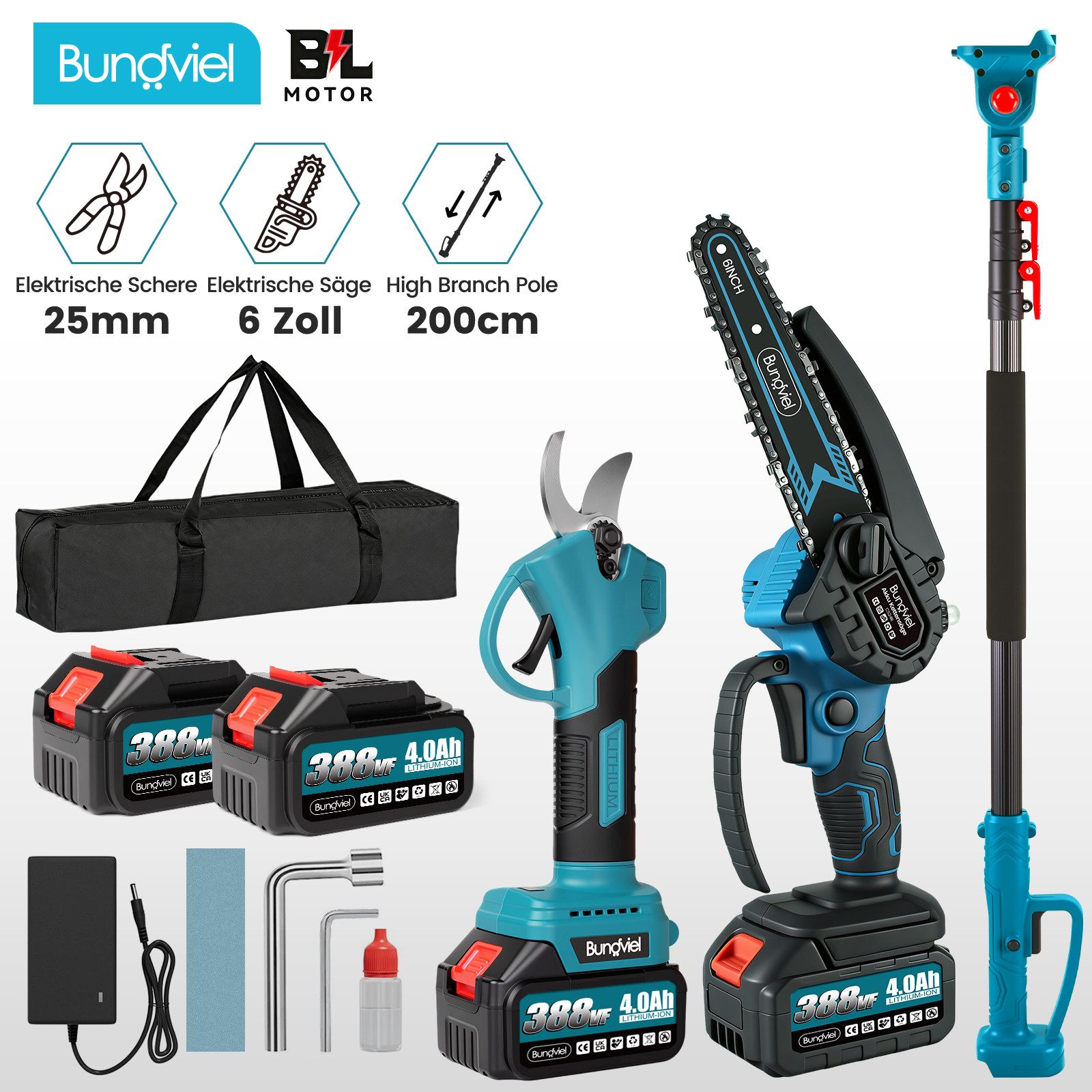 Bundviel Akku-Hochentaster Teleskop Astsäge Astschere Teleskopsäge Akku Kettensäge Hochentaster
