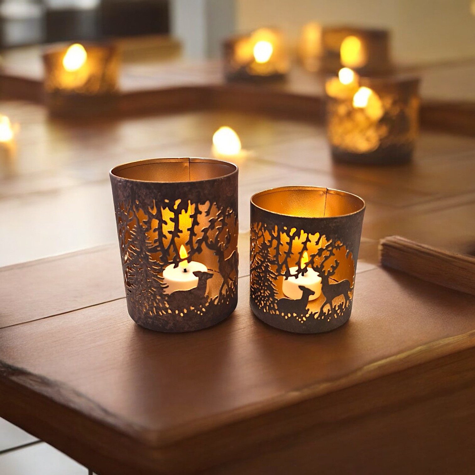 Macosa Home Teelichthalter Hirsch Metall Braun gold Rustikal Teelichtstände günstig online kaufen