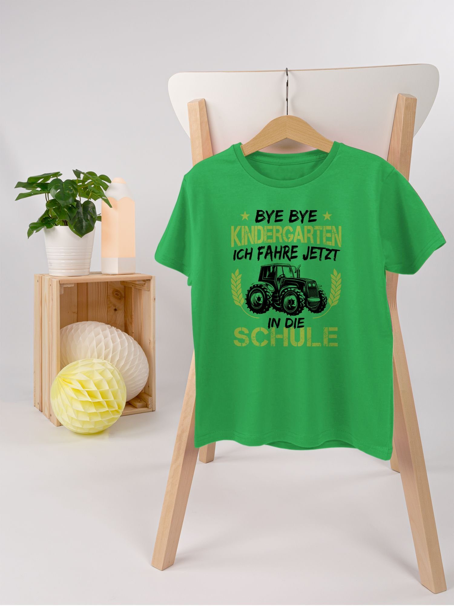 in Schule Shirtracer Grün Schulanfang T-Shirt Bye die Geschenke Grü ich Traktor Einschulung 1 Schwarz Kindergarten jetzt fahre Junge Bye