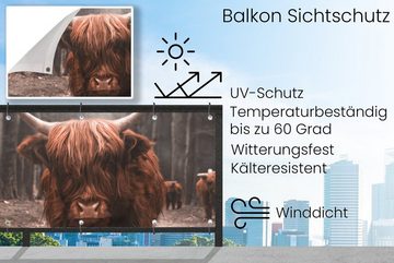 MuchoWow Balkonsichtschutz Schottischer Hochländer - Wald - Kuh - Tiere - Natur (1-St) Balkonbanner, Sichtschutz für den Balkon, Robustes und wetterfest