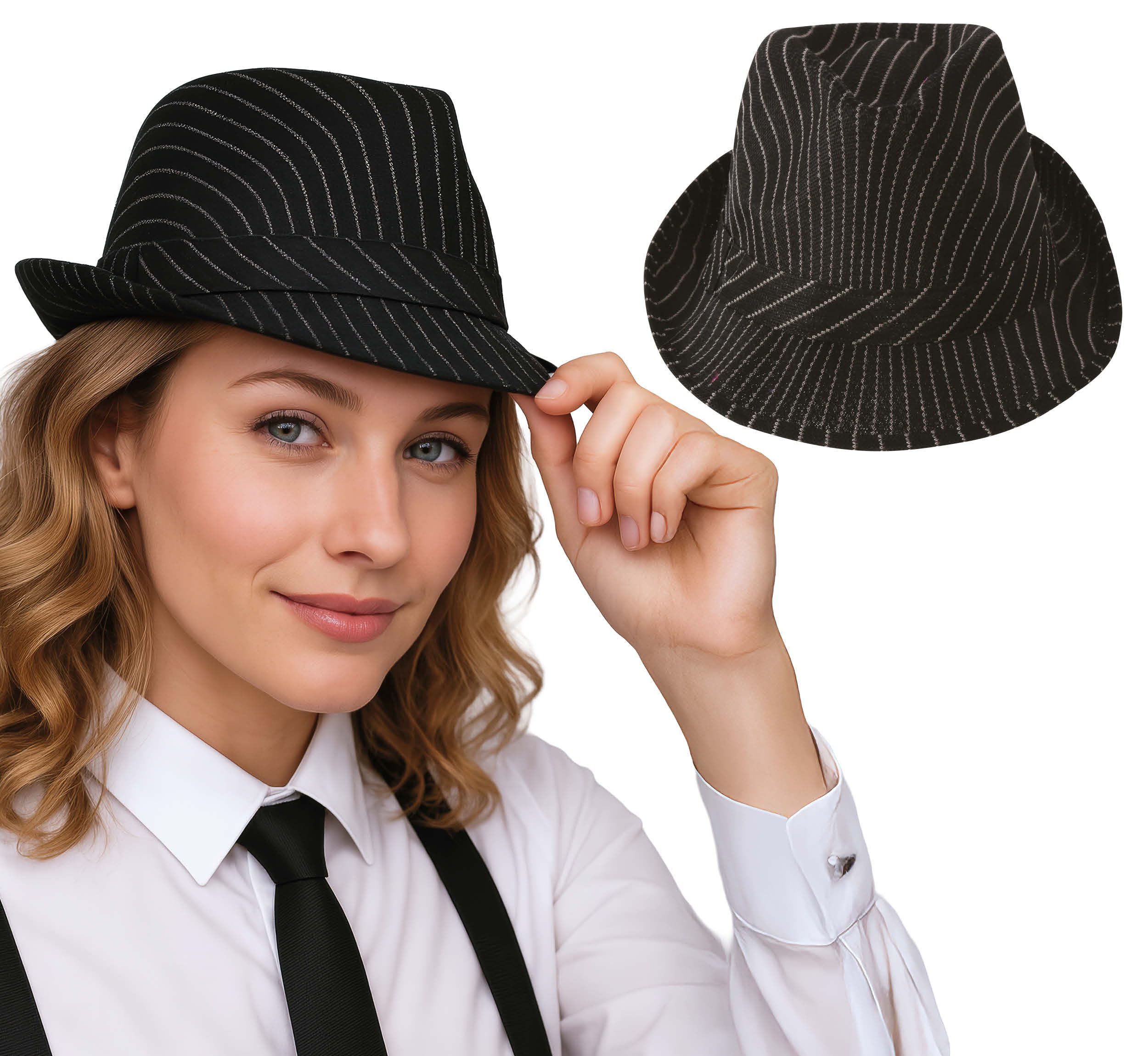 Fiestas Guirca Kostüm, 20s Gangster Retro Kostüm Schwarzer Nadelstreifen Hut Karnevalsdamen
